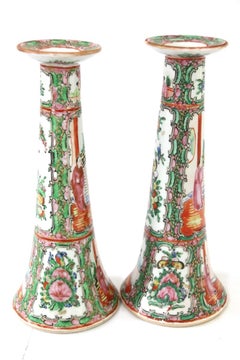Late 19th Century Chinese Rose Medallion Near-Pair of Candlesticks