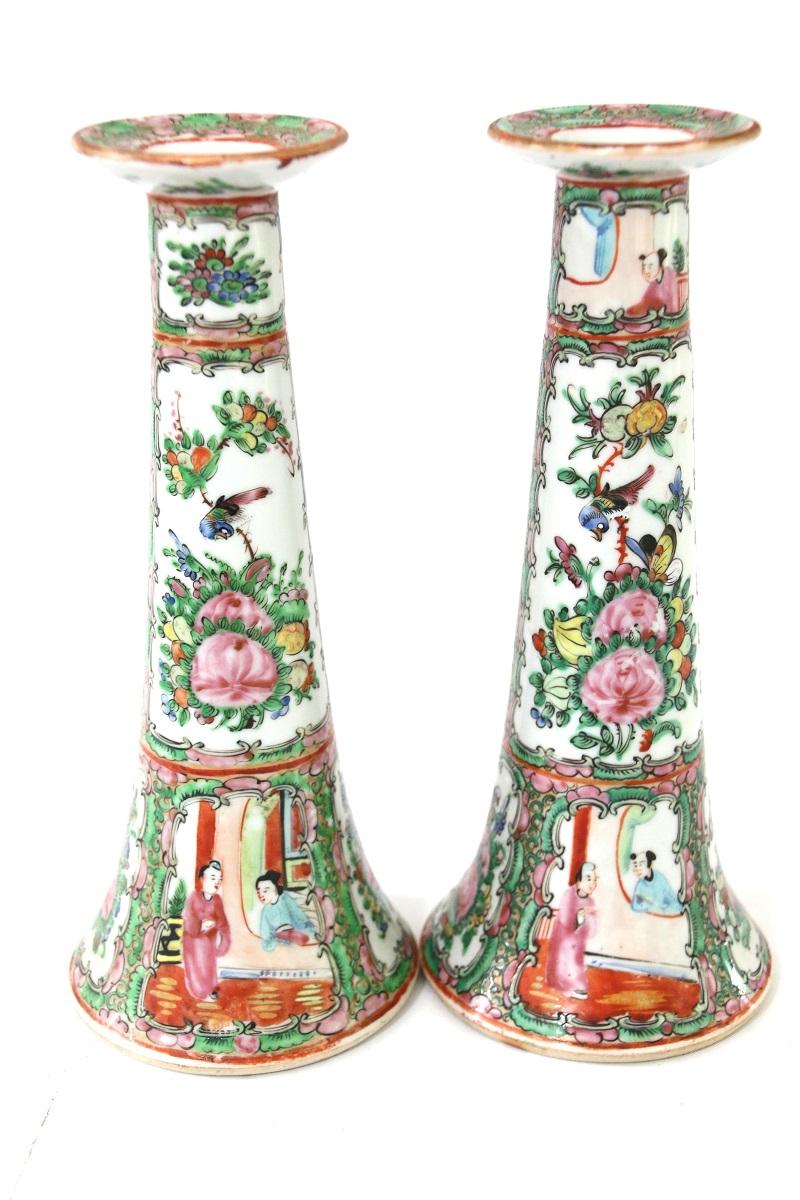 Chinese Export Late 19th Century Chinese Rose Medallion Near-Pair of Candlesticks