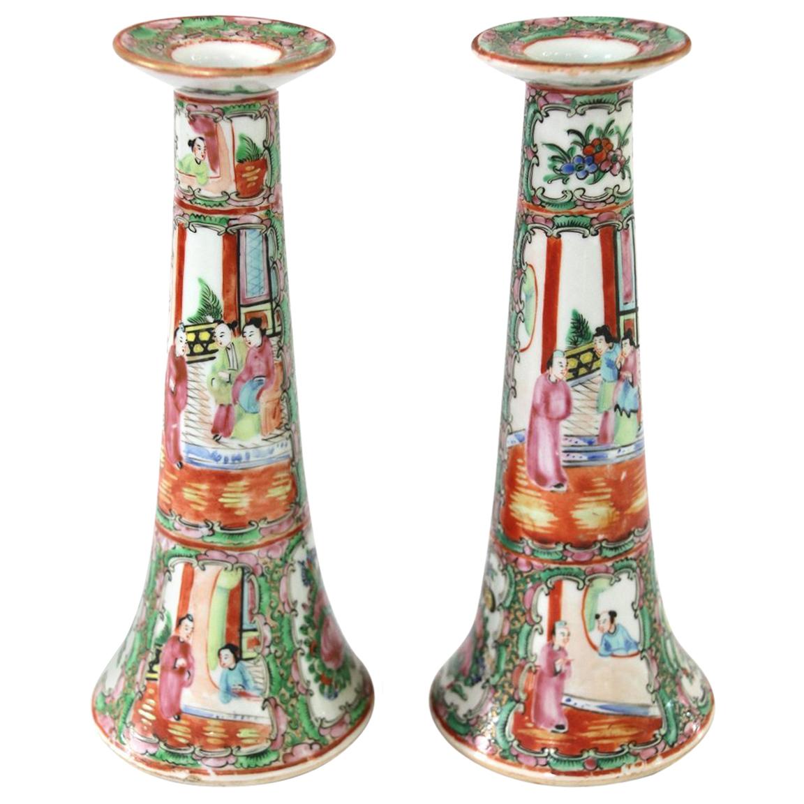 Late 19th Century Chinese Rose Medallion Near-Pair of Candlesticks