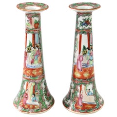 Late 19th Century Chinese Rose Medallion Near-Pair of Candlesticks