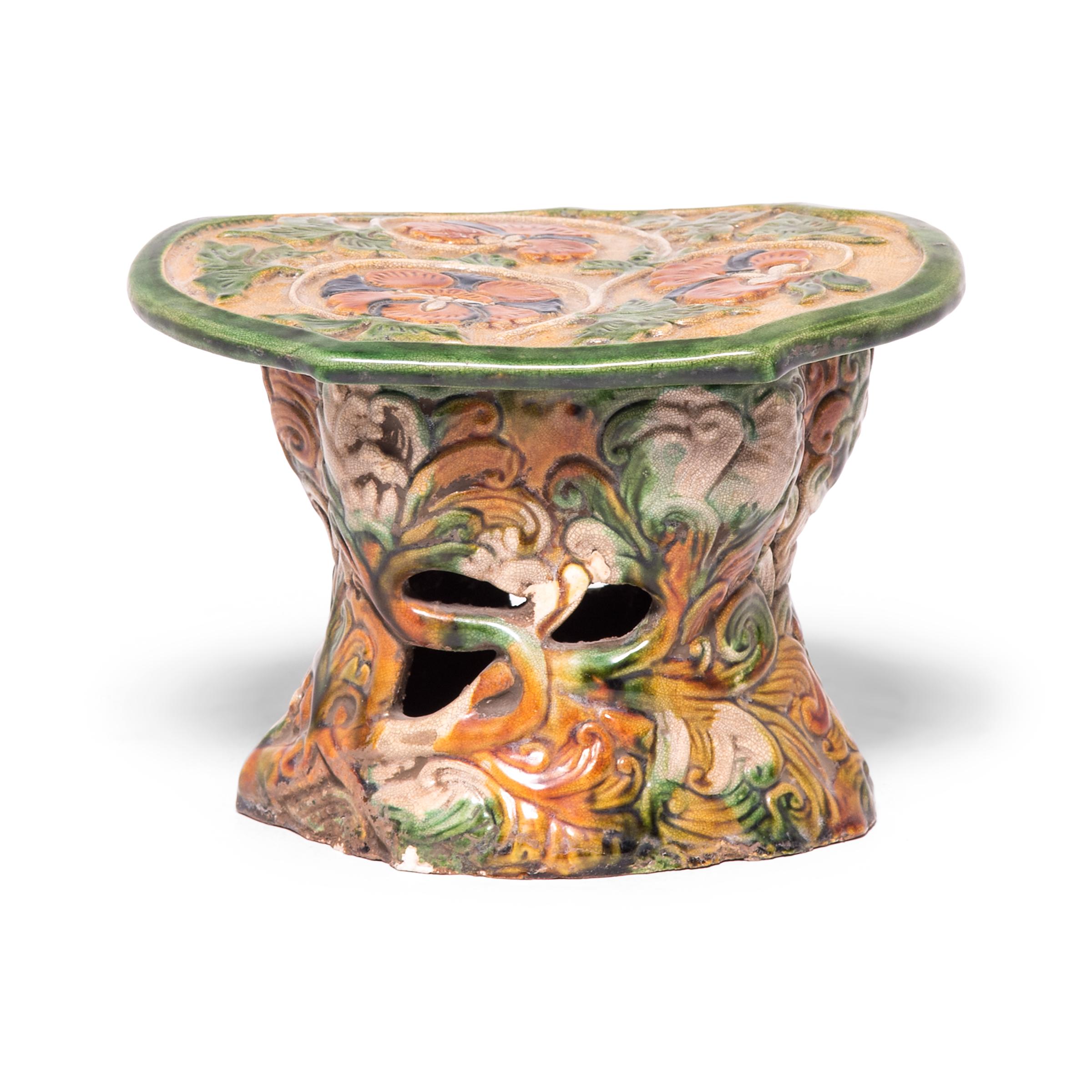 Qing Chinese Sancai Peony Headrest, c. 1900 For Sale