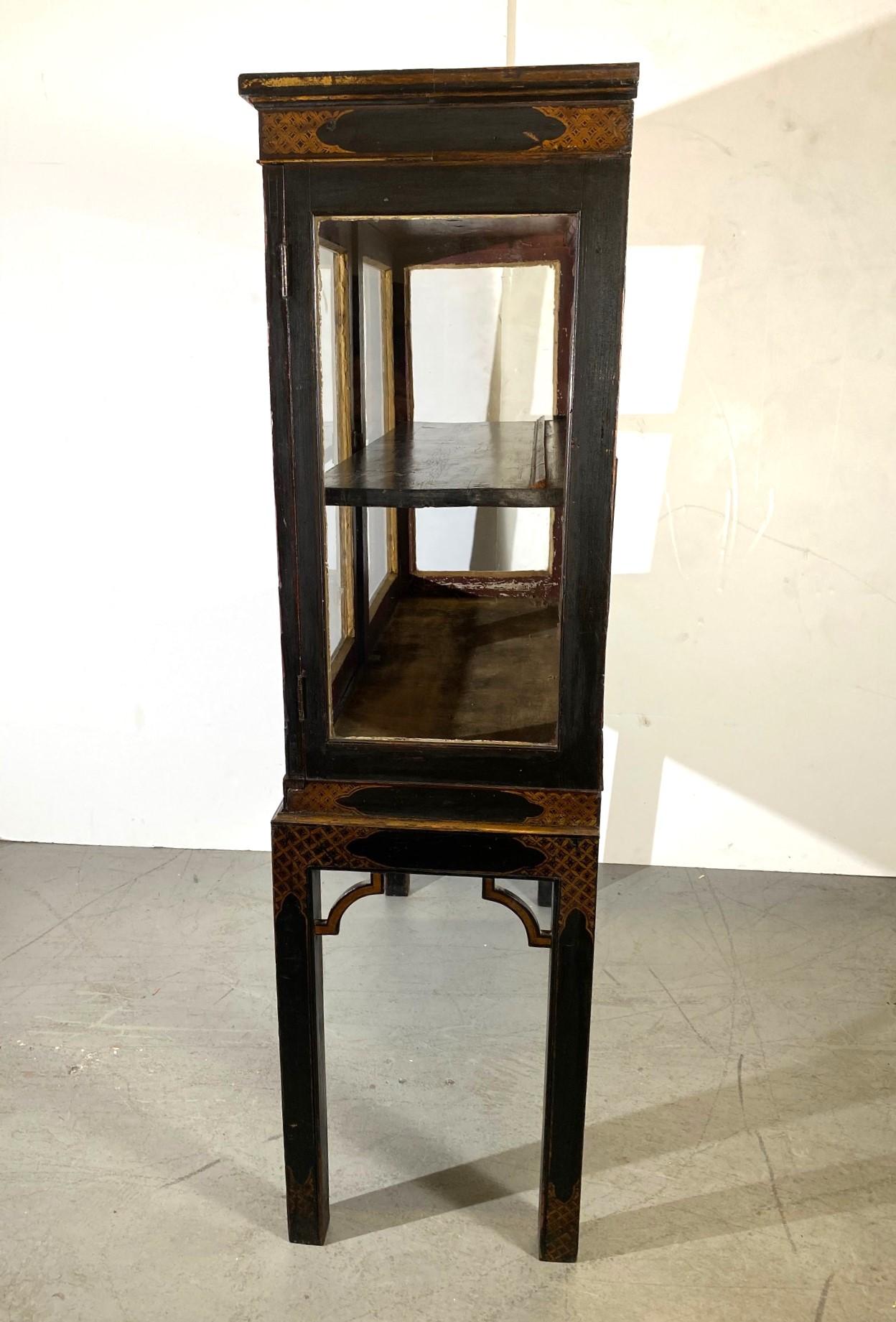 Late 19th century English chinoiserie decorated display cabinet. The hinged top opens to reveal a remote document storage.