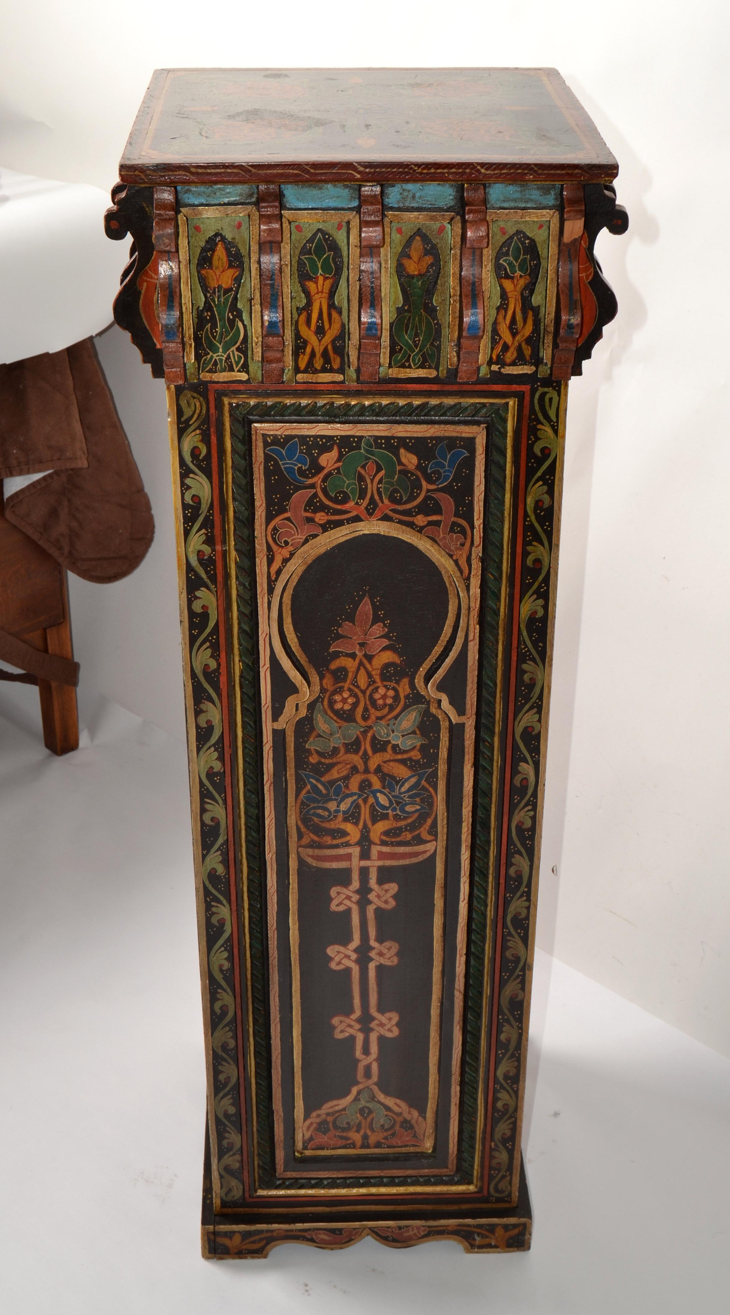 This late 19th Century antique square Fruitwood Pedestal is highly accented with intricate hand carving and hand painting flowers and leaves done in the Anglo-Indian style.
The carving border and side panels of this Column are accented by cut out