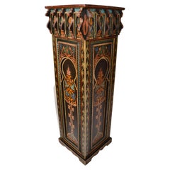 Antique Late 19th Century Chinoiserie Hand-Painted Carved Pedestal Column Candle Stand