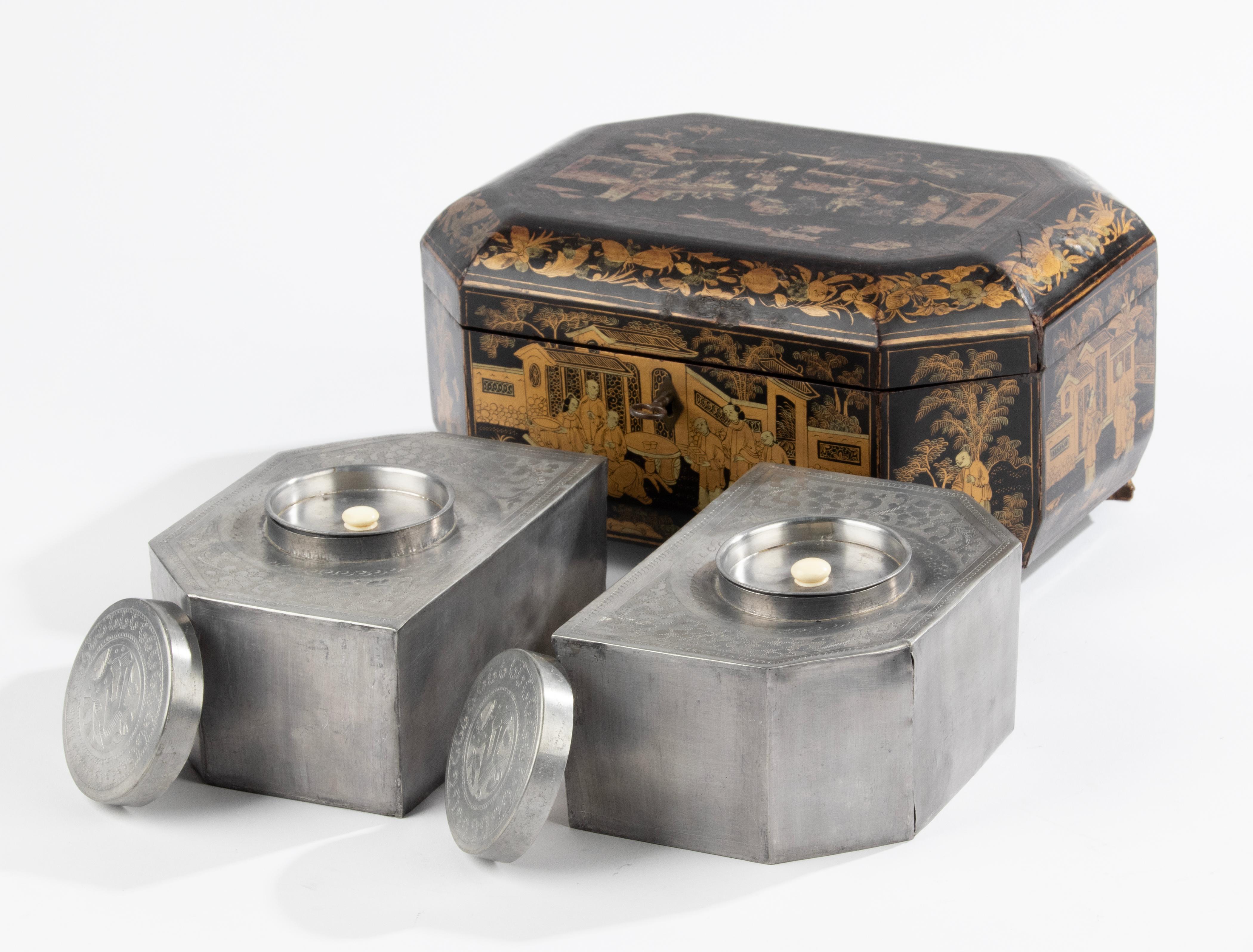 Lead Late 19th Century Chinoiserie Style Lacquered Tea Caddy