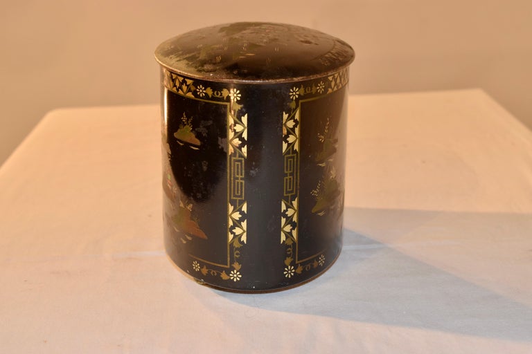 Late 19th century chinoiserie tea tin from England.