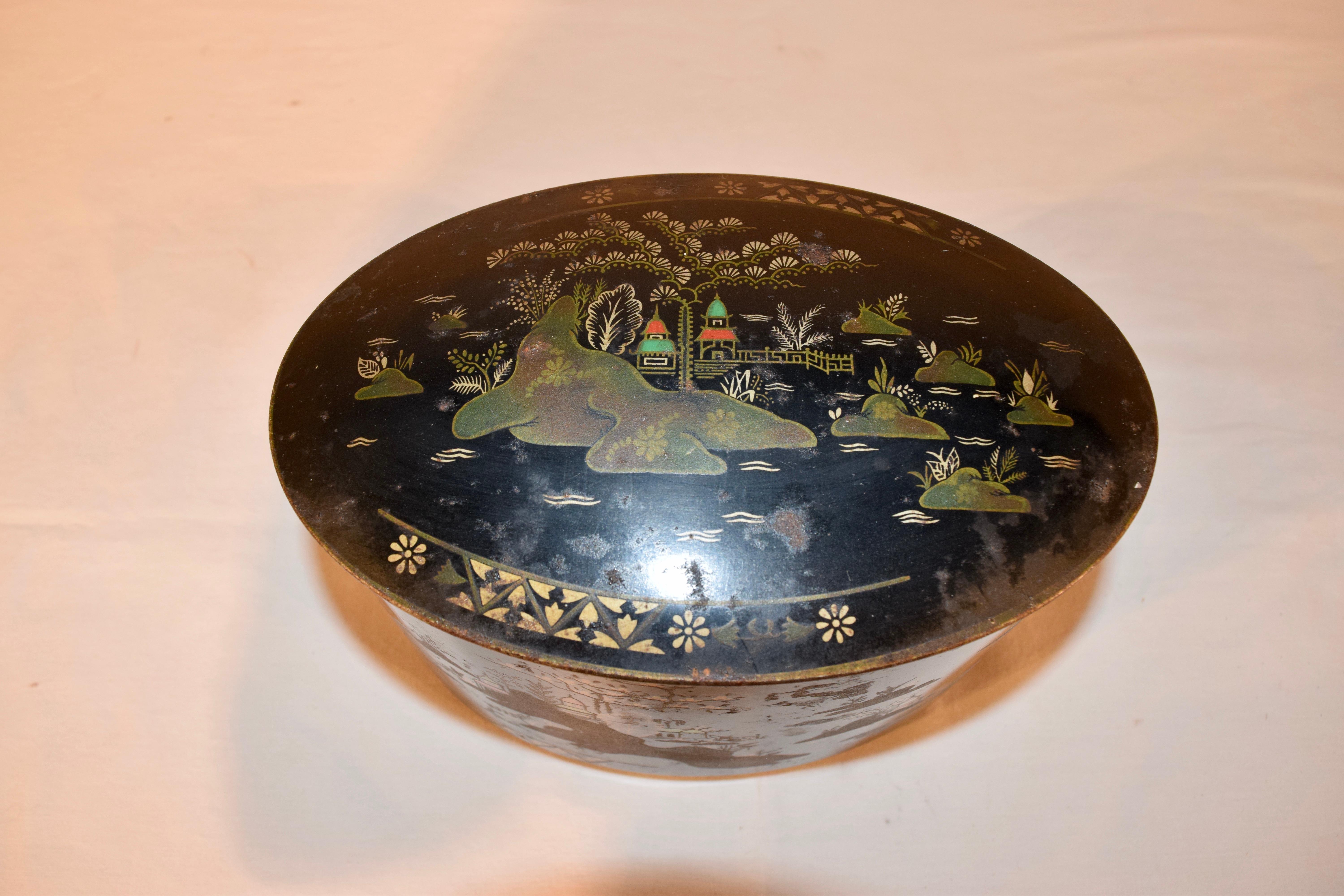 Painted Late 19th Century Chinoiserie Tea Tin For Sale