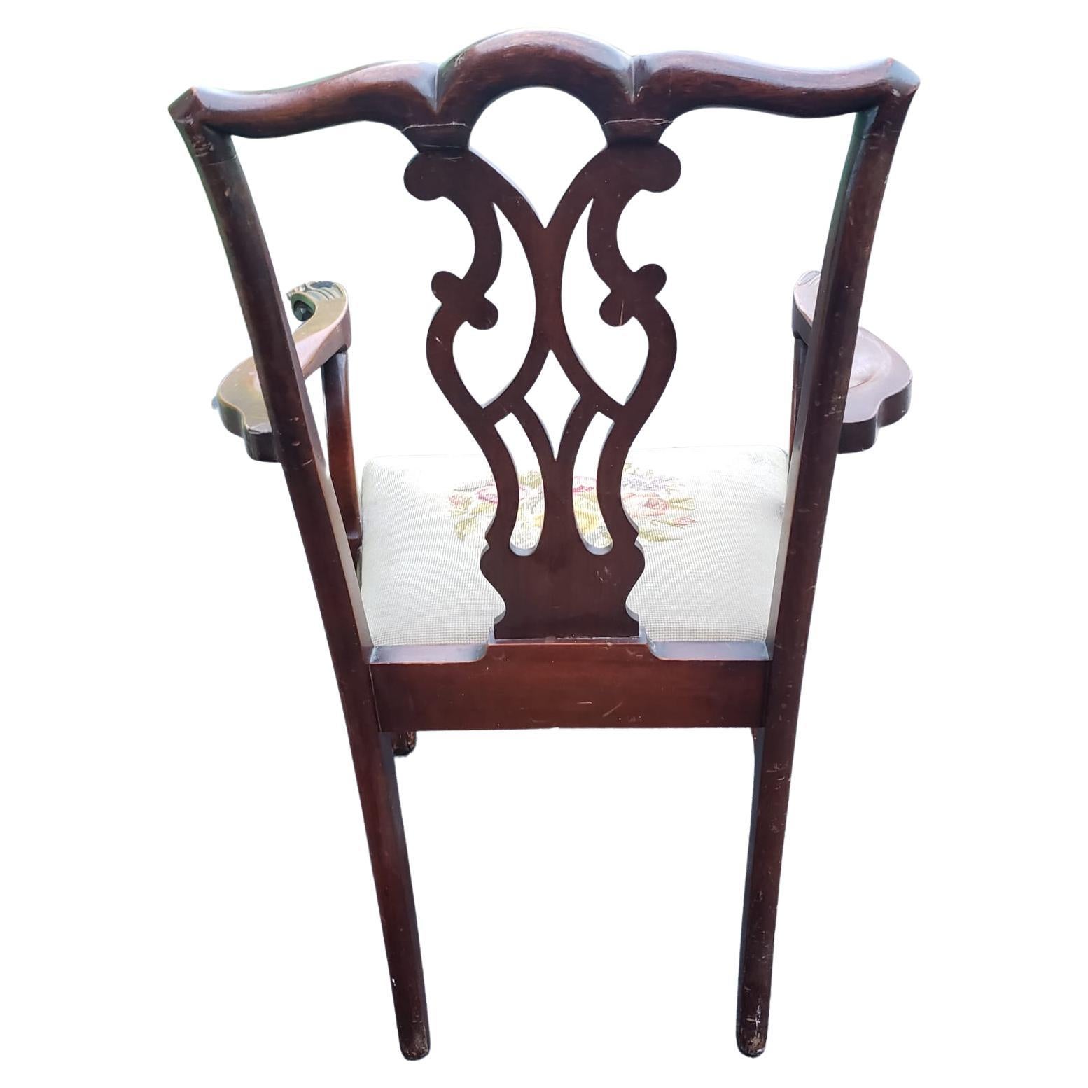 Upholstery Late 19th Century Chippendale Mahogany Needlepoint Upholstered Armchair For Sale