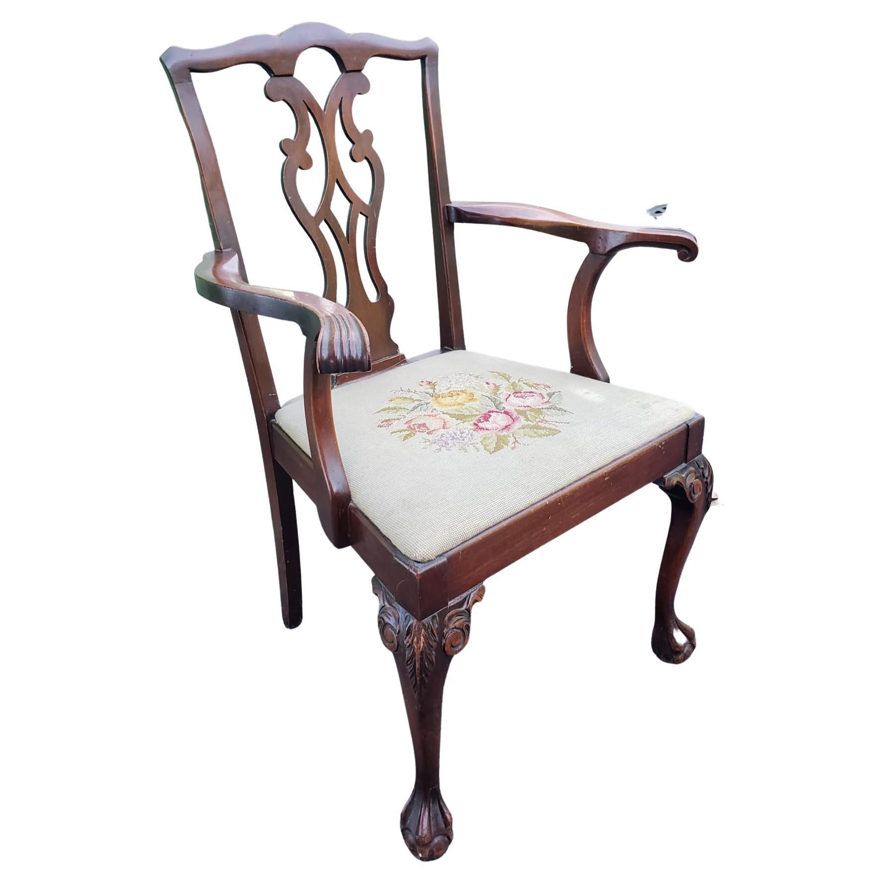 Late 19th Century Chippendale Mahogany Needlepoint Upholstered Armchair For Sale 3