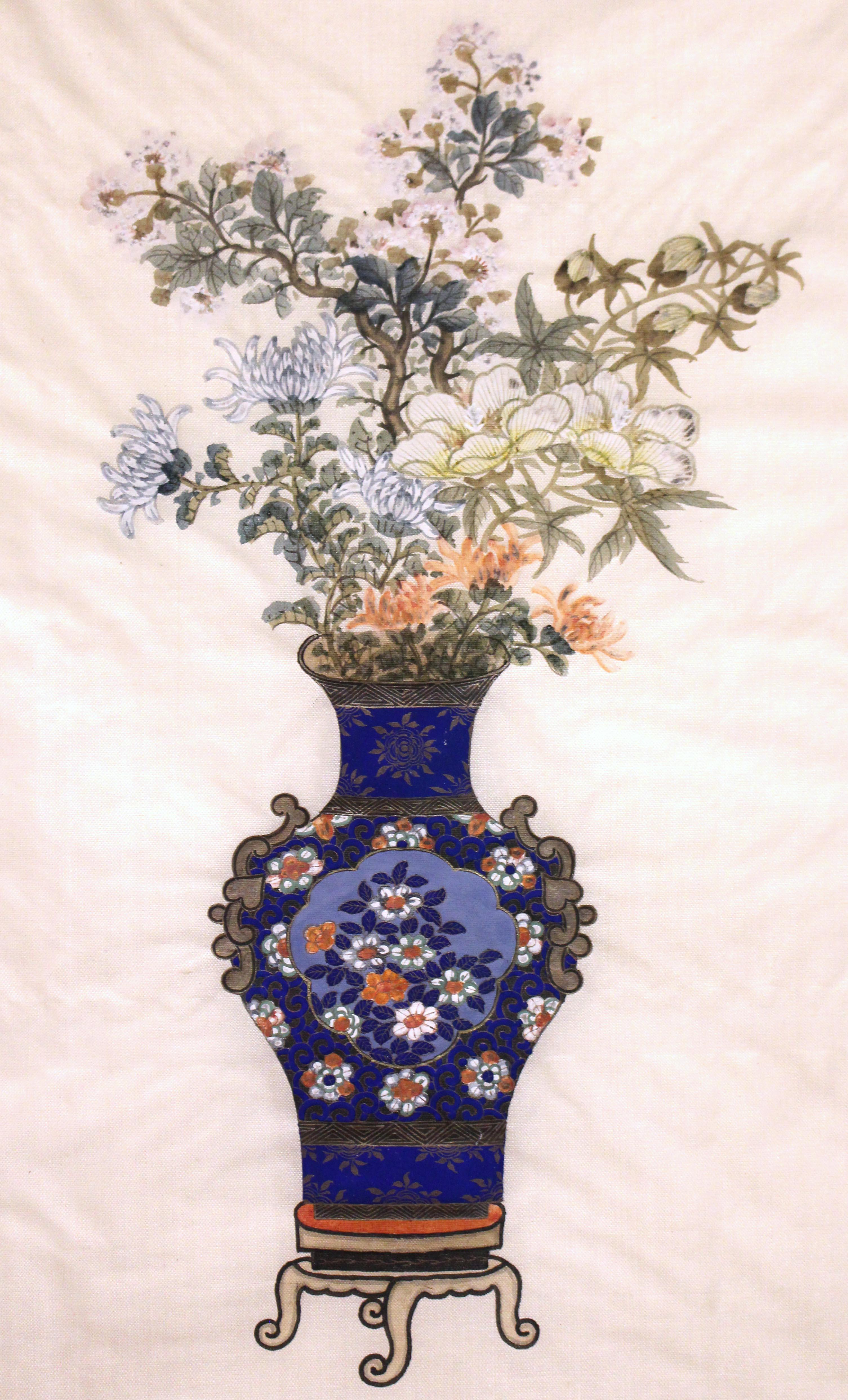 Exportation chinoise Fin du 19e siècle Chrysanthème Peinture chinoise sur soie en vente