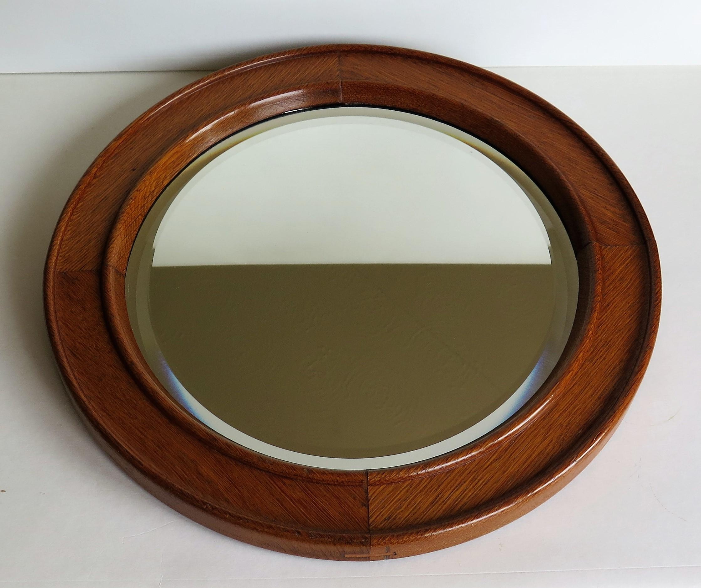 19th C. Arts & Crafts Circular Wall Mirror Golden Oak Jointed Frame Bevel Glass 3