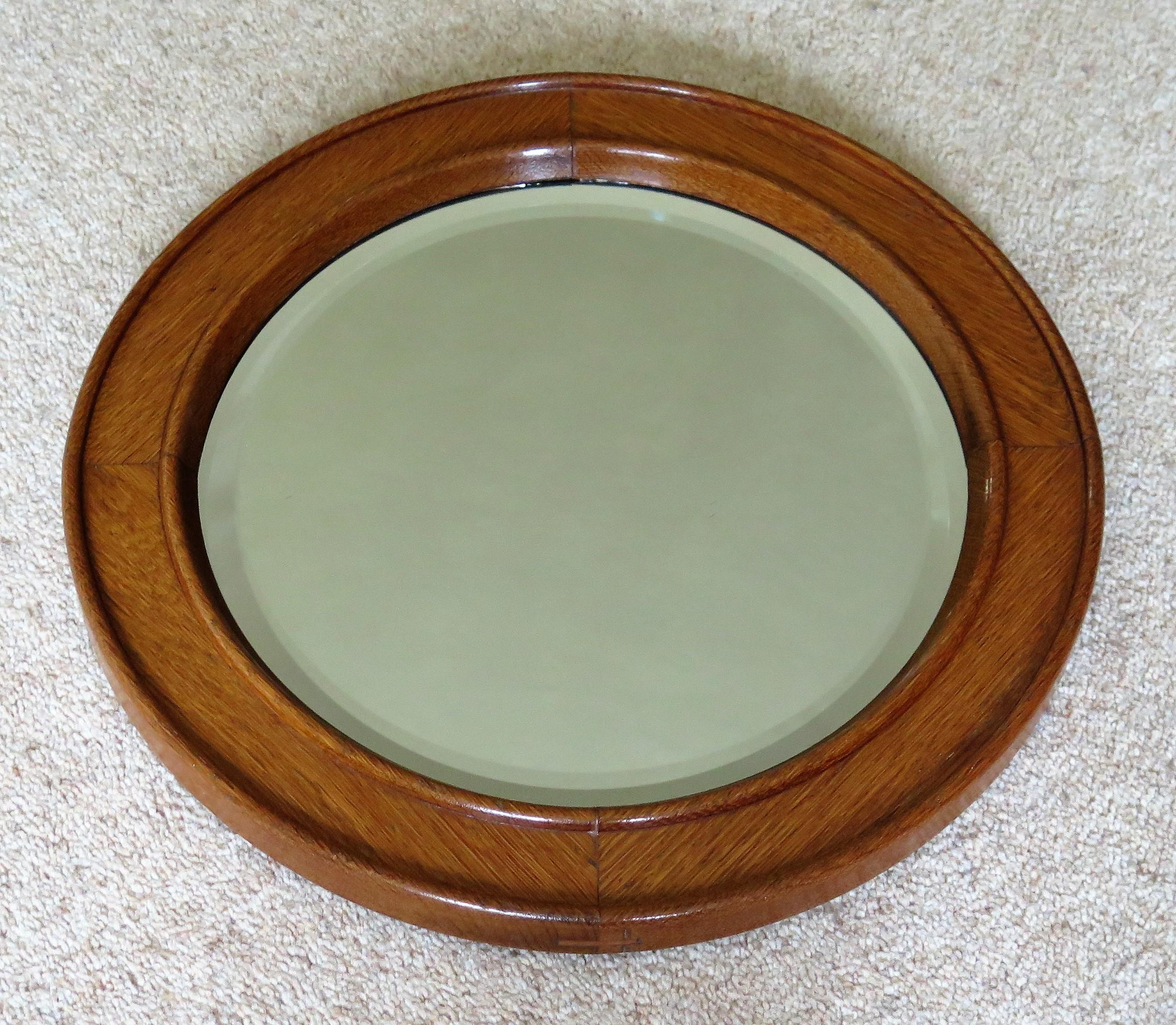 19th C. Arts & Crafts Circular Wall Mirror Golden Oak Jointed Frame Bevel Glass 4