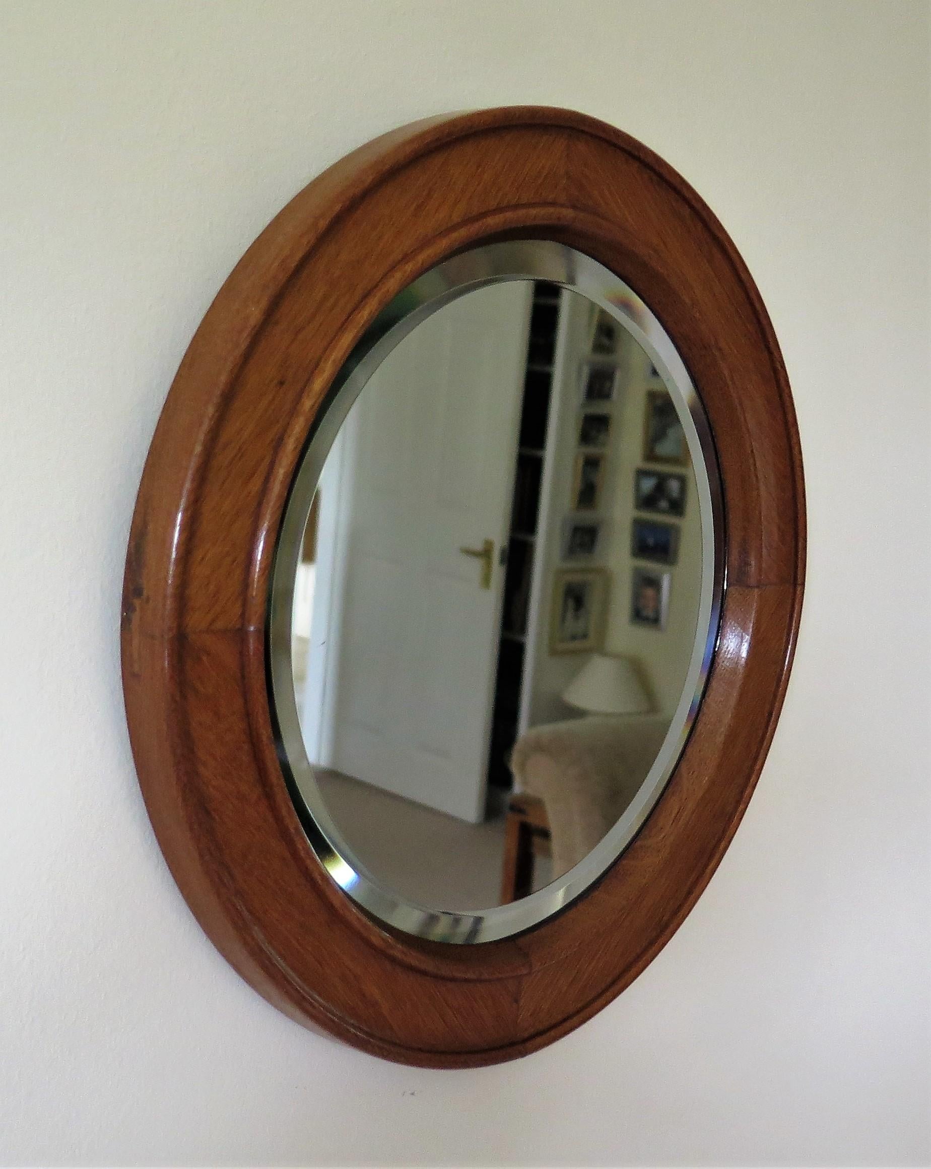 Arts and Crafts 19th C. Arts & Crafts Circular Wall Mirror Golden Oak Jointed Frame Bevel Glass
