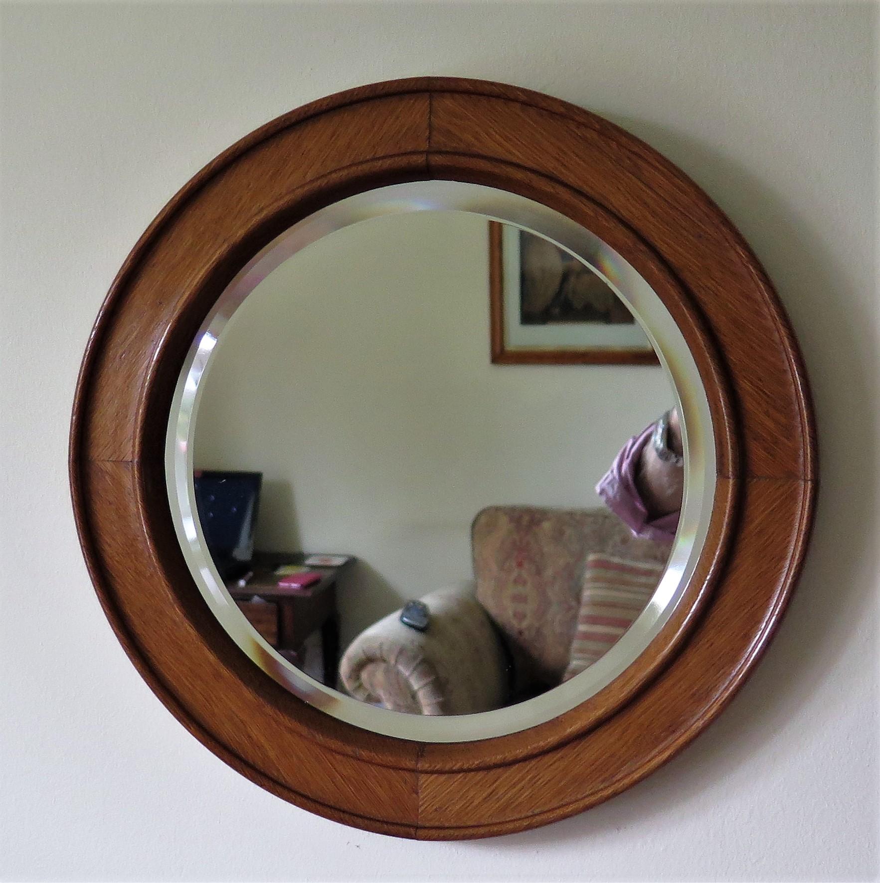 English 19th C. Arts & Crafts Circular Wall Mirror Golden Oak Jointed Frame Bevel Glass