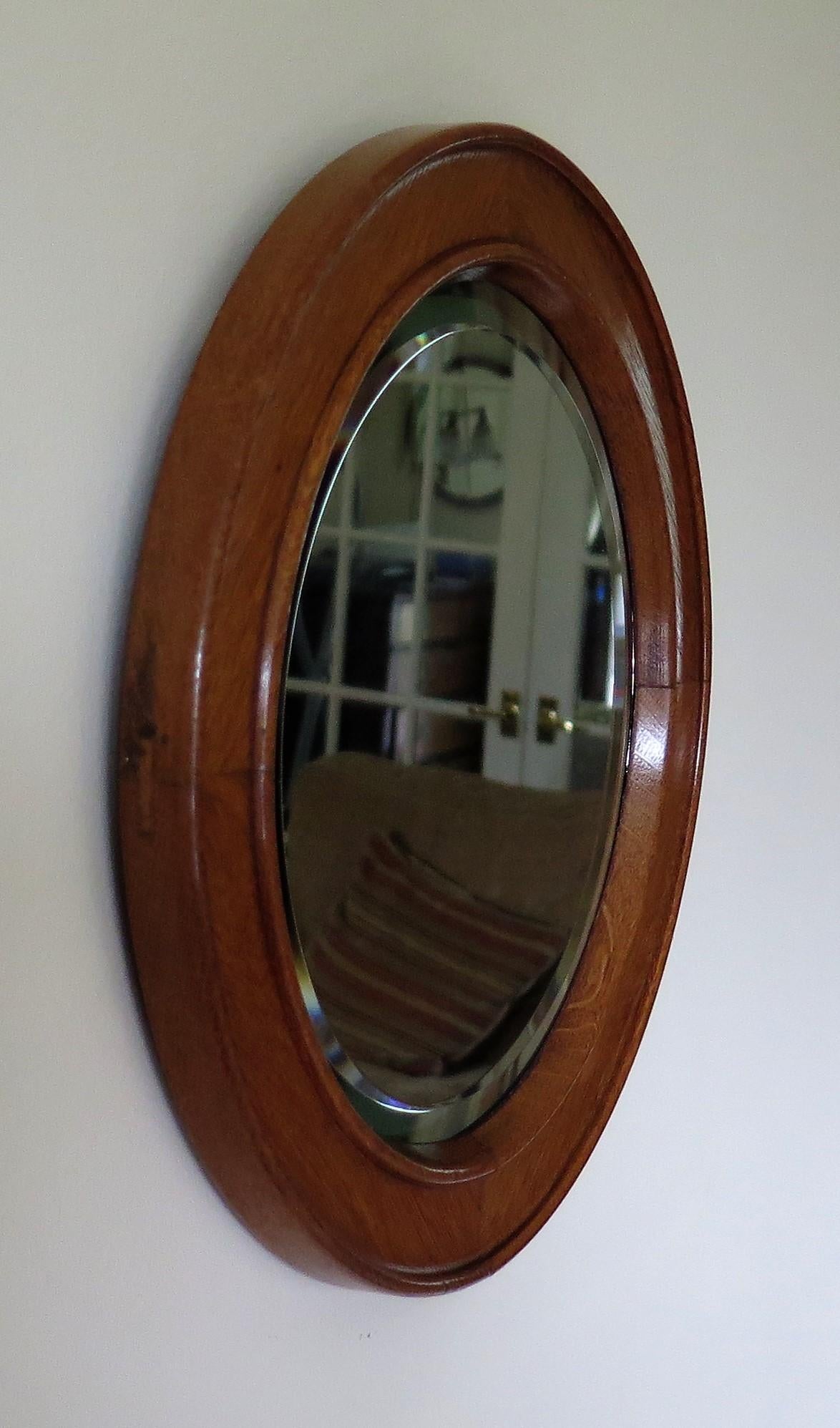 Beveled 19th C. Arts & Crafts Circular Wall Mirror Golden Oak Jointed Frame Bevel Glass