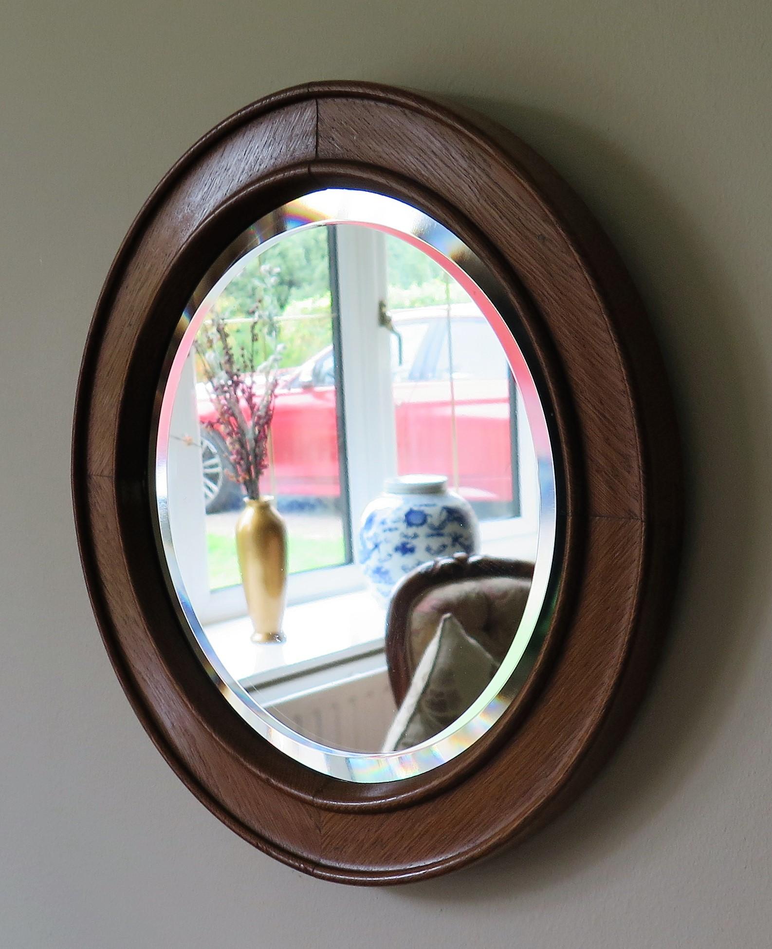 19th C. Arts & Crafts Circular Wall Mirror Golden Oak Jointed Frame Bevel Glass In Good Condition In Lincoln, Lincolnshire