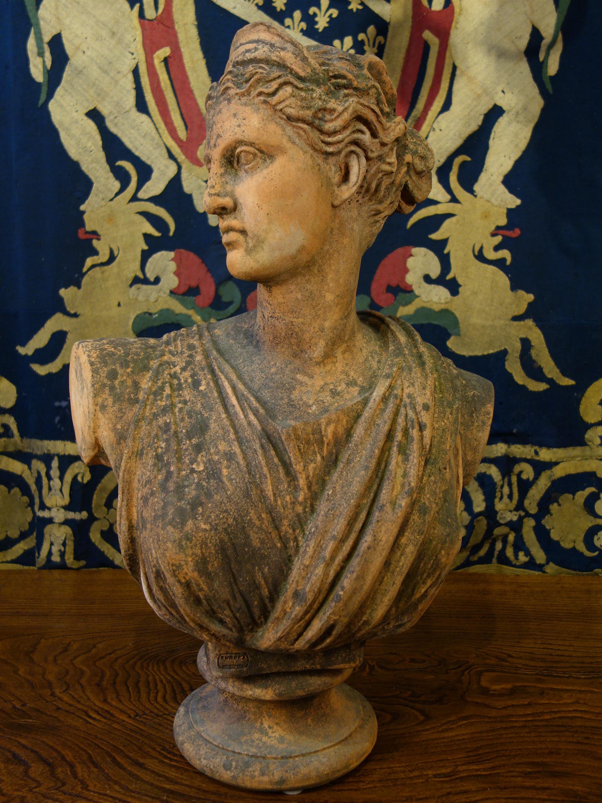 Italian Late 19th Century Classical Roman Style Old Impruneta Terracotta Bust of Diana