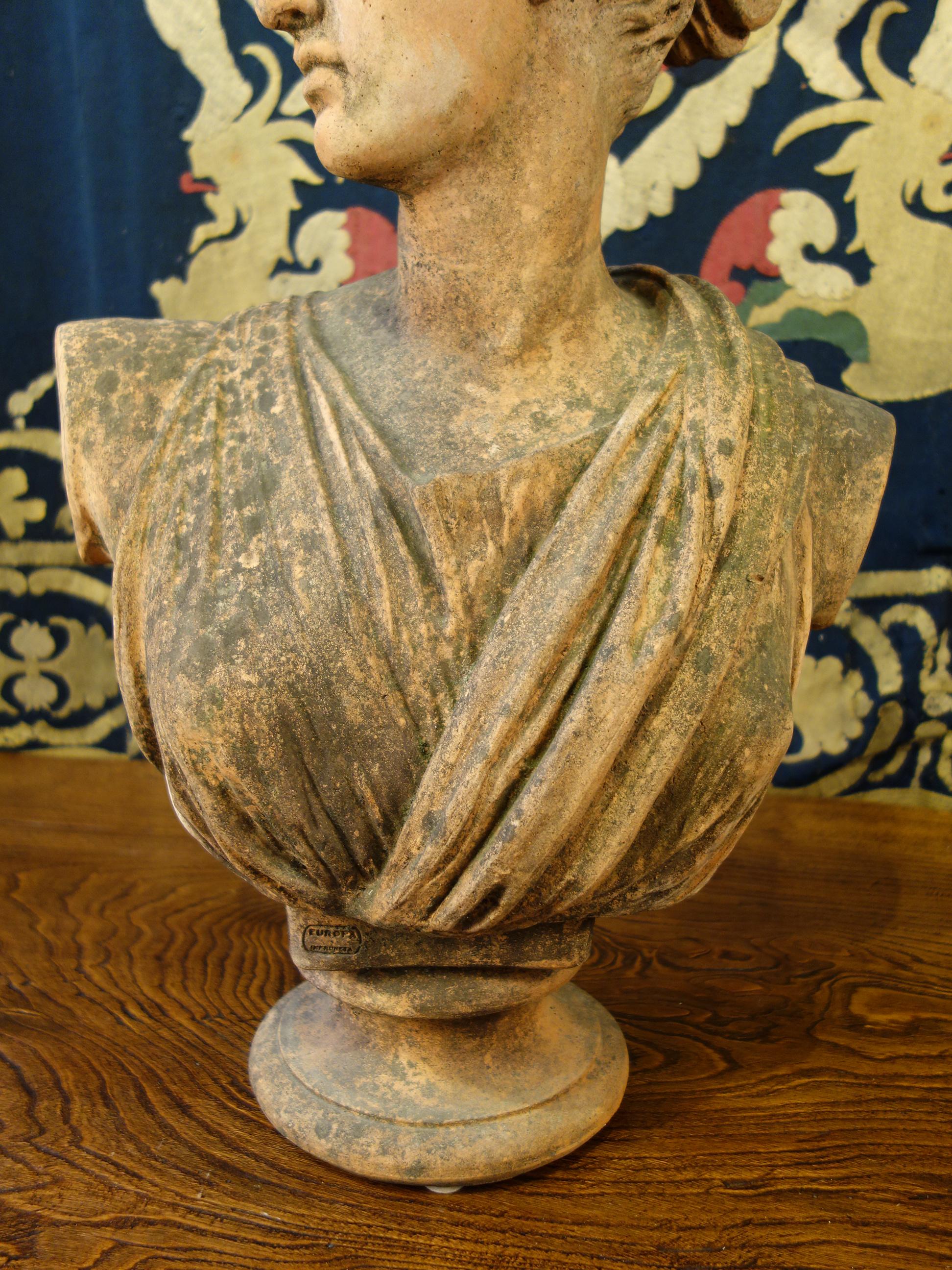 Hand-Crafted Late 19th Century Classical Roman Style Old Impruneta Terracotta Bust of Diana