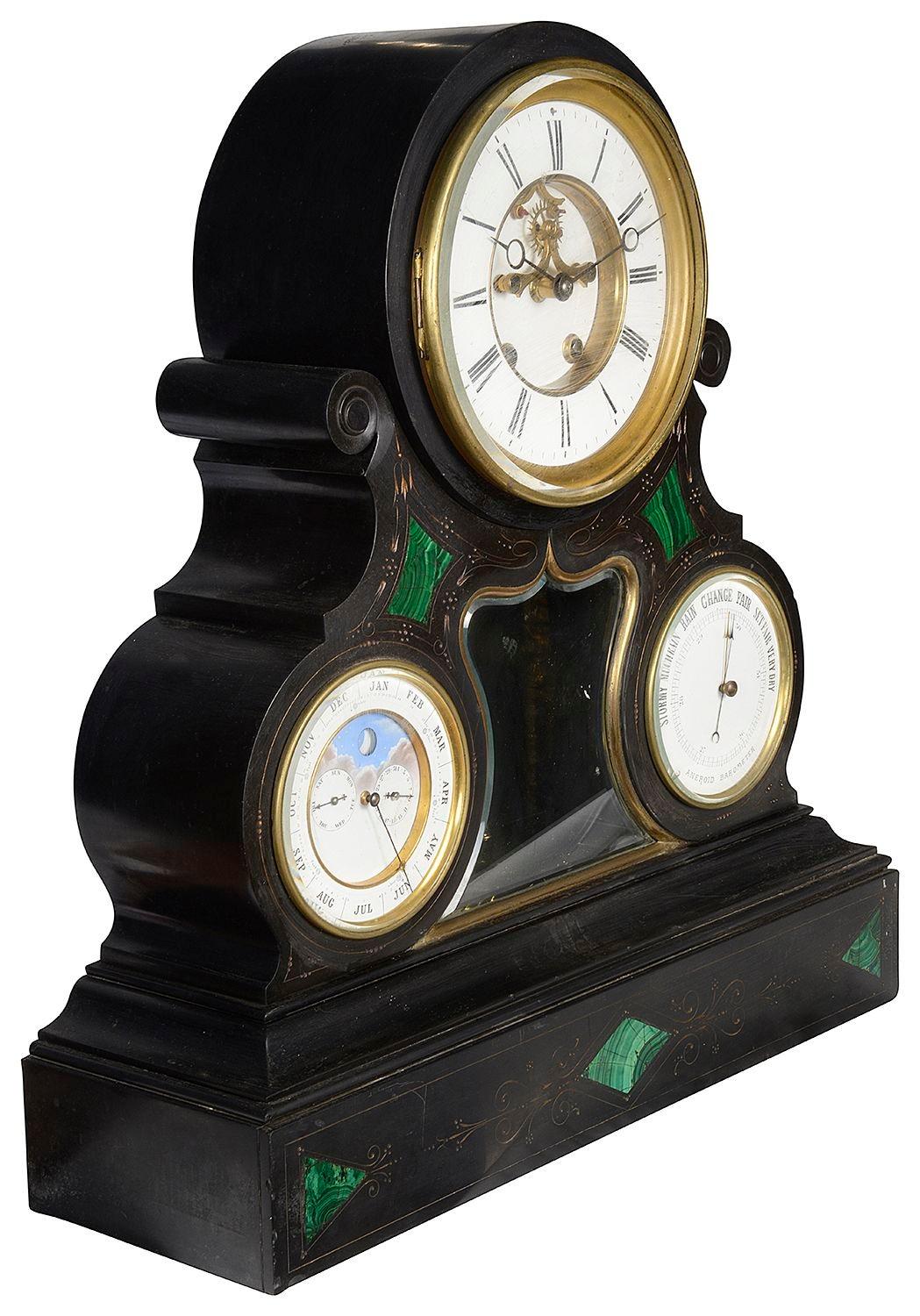 Carved Late 19th Century Clock, barometer and calendar with moon phase. For Sale