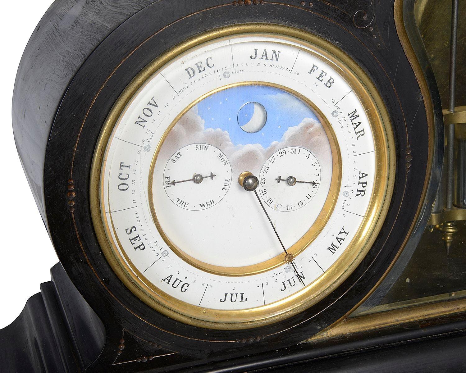 Belgian Black Marble Late 19th Century Clock, barometer and calendar with moon phase. For Sale