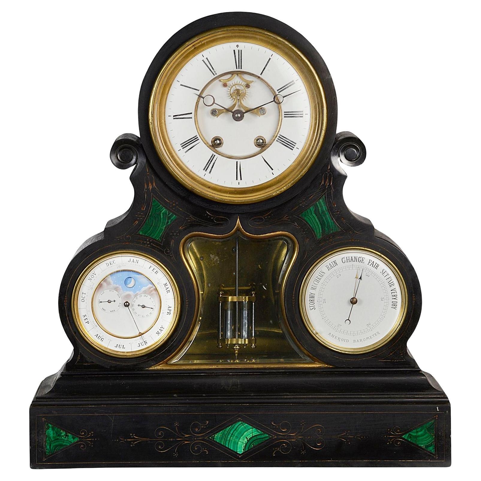Fin du 19e siècle Horloge, baromètre et calendrier avec phase de lune.