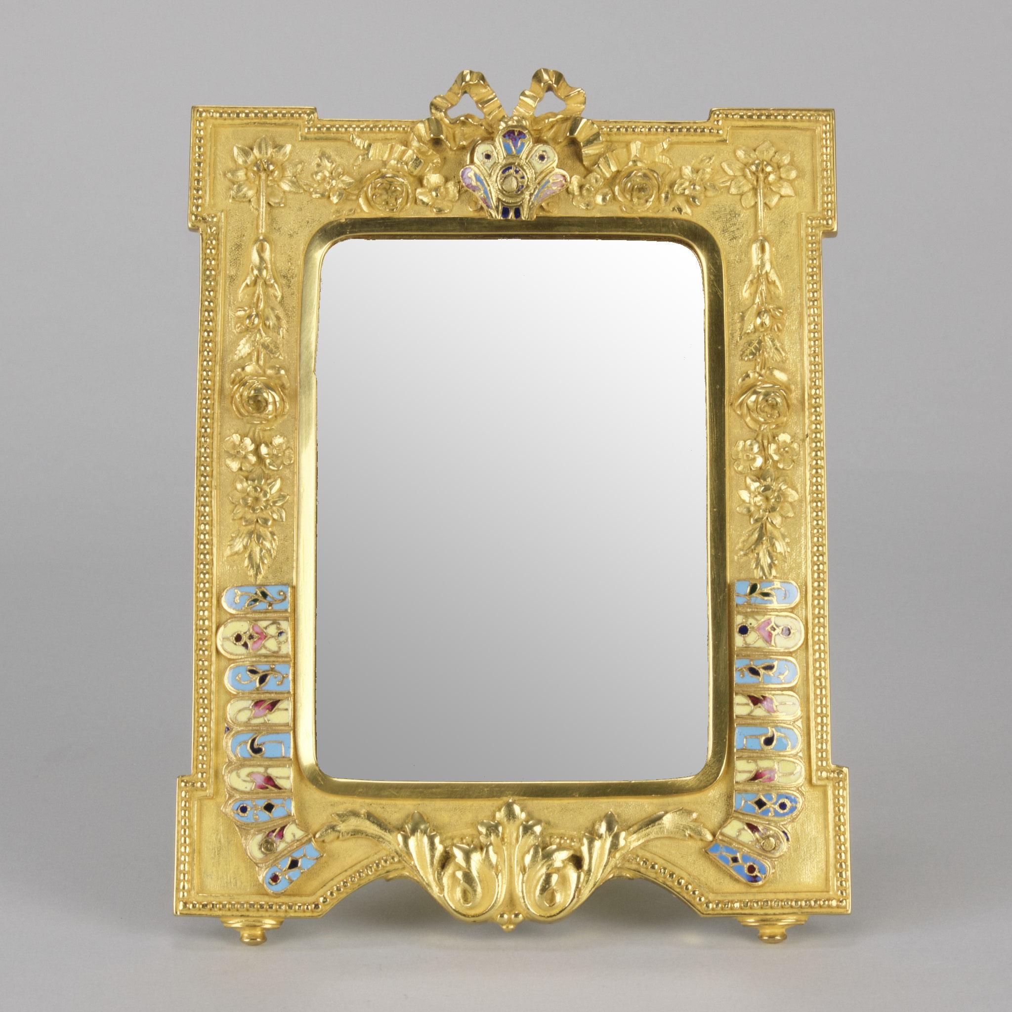 Art nouveau Miroir de table cloisonné de la fin du XIXe siècle, bronze doré français en vente