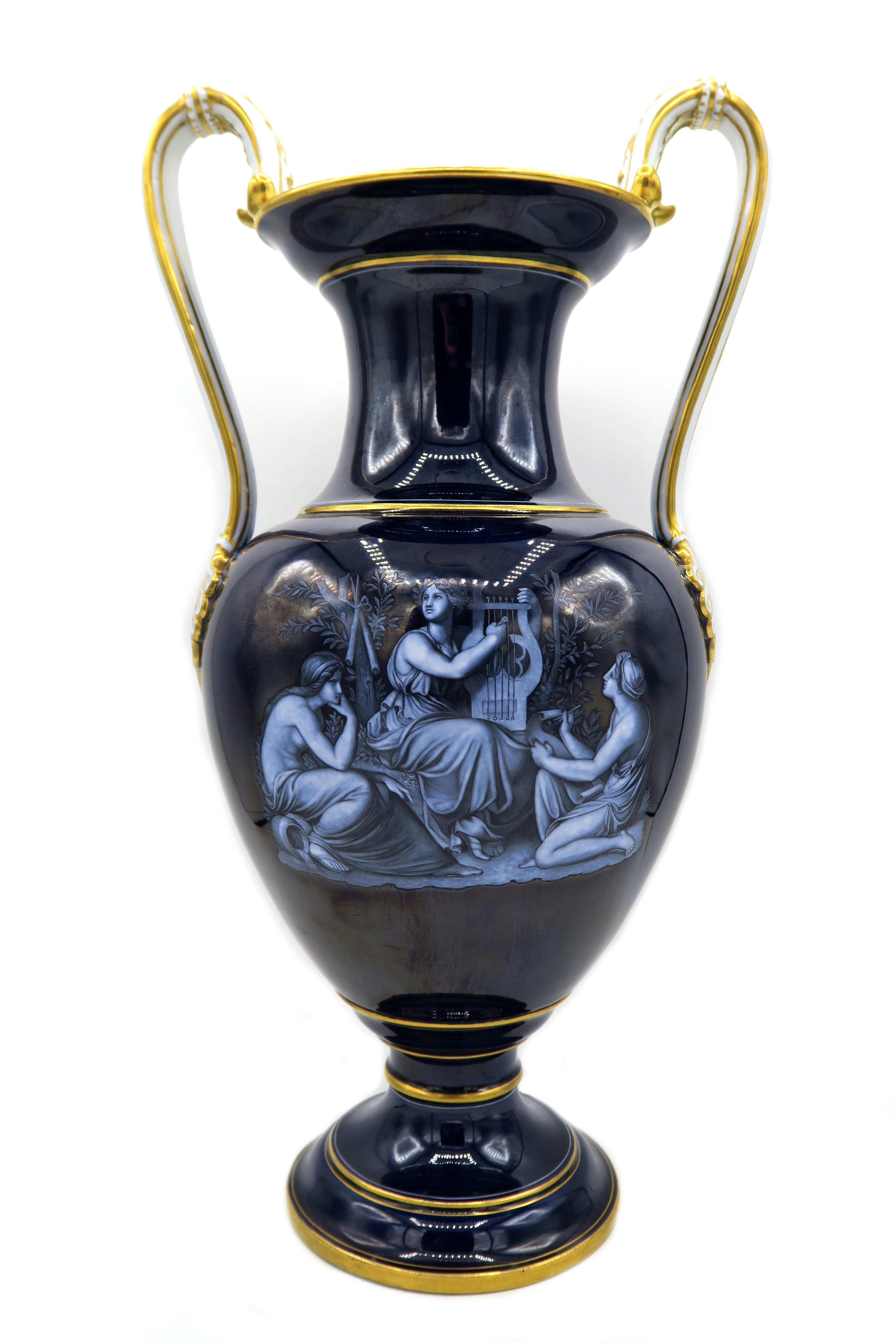 Late 19th Century Cobalt Blue Meissen Handle Vase with Mythological Scenes  For Sale at 1stDibs