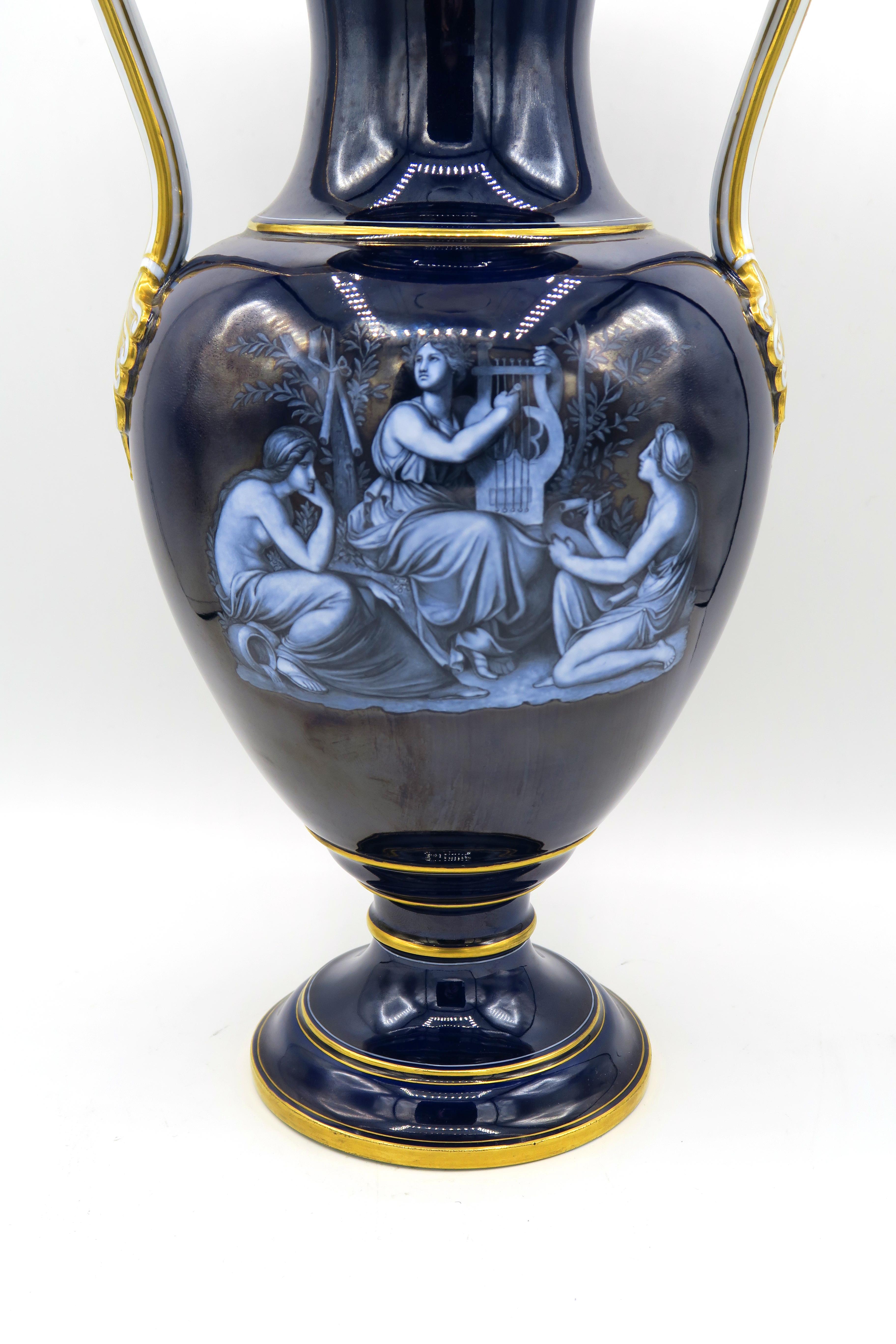 German Late 19th Century Cobalt Blue Meissen Handle Vase with Mythological Scenes For Sale