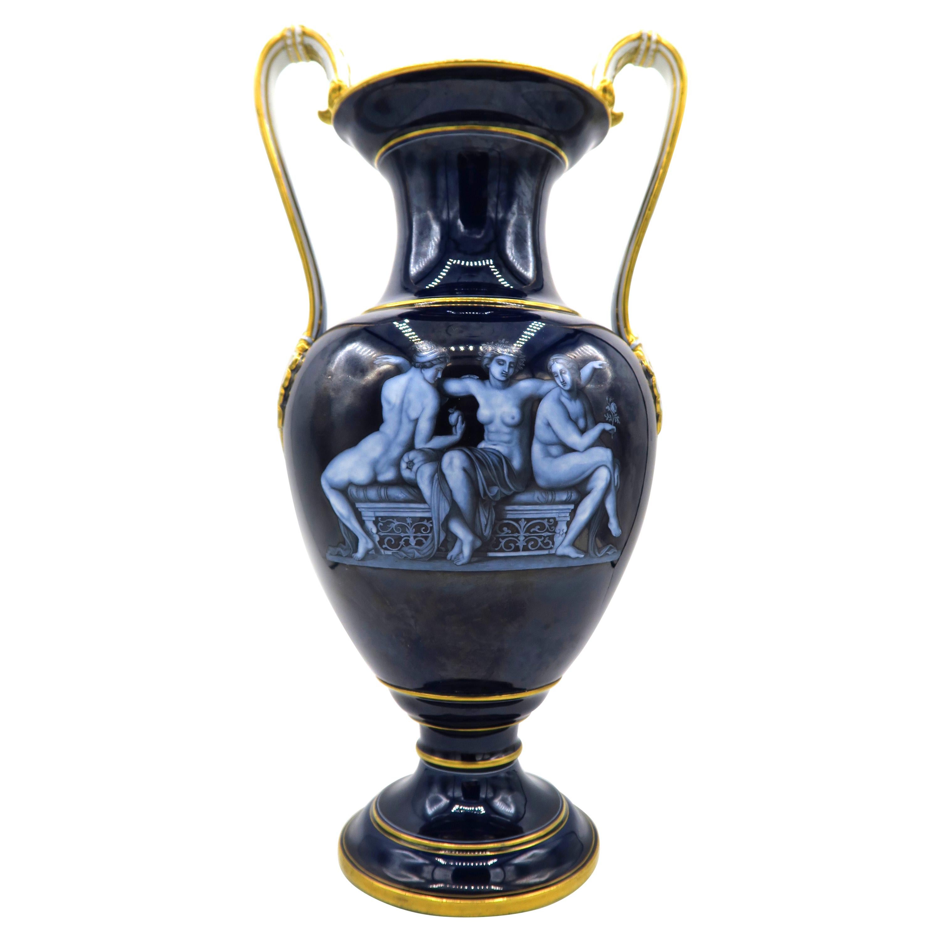 Late 19th Century Cobalt Blue Meissen Handle Vase with Mythological Scenes For Sale