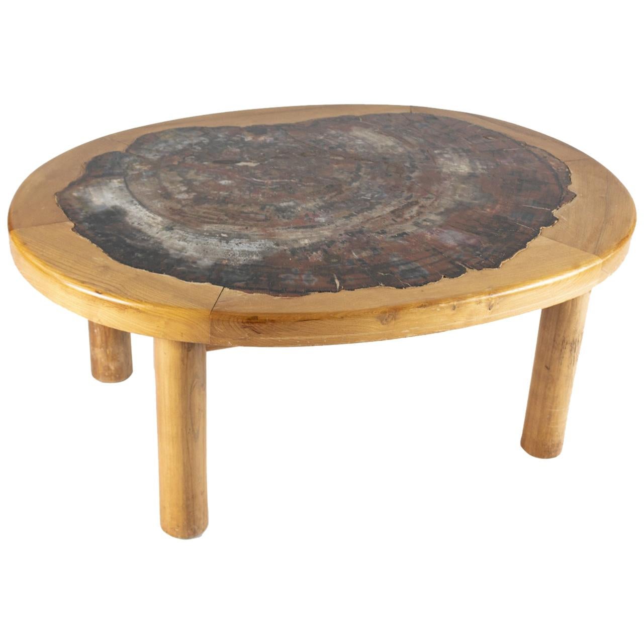 Late 19th Century Coffee Table in Elm Wood Frame and Petrified Wood Top For Sale