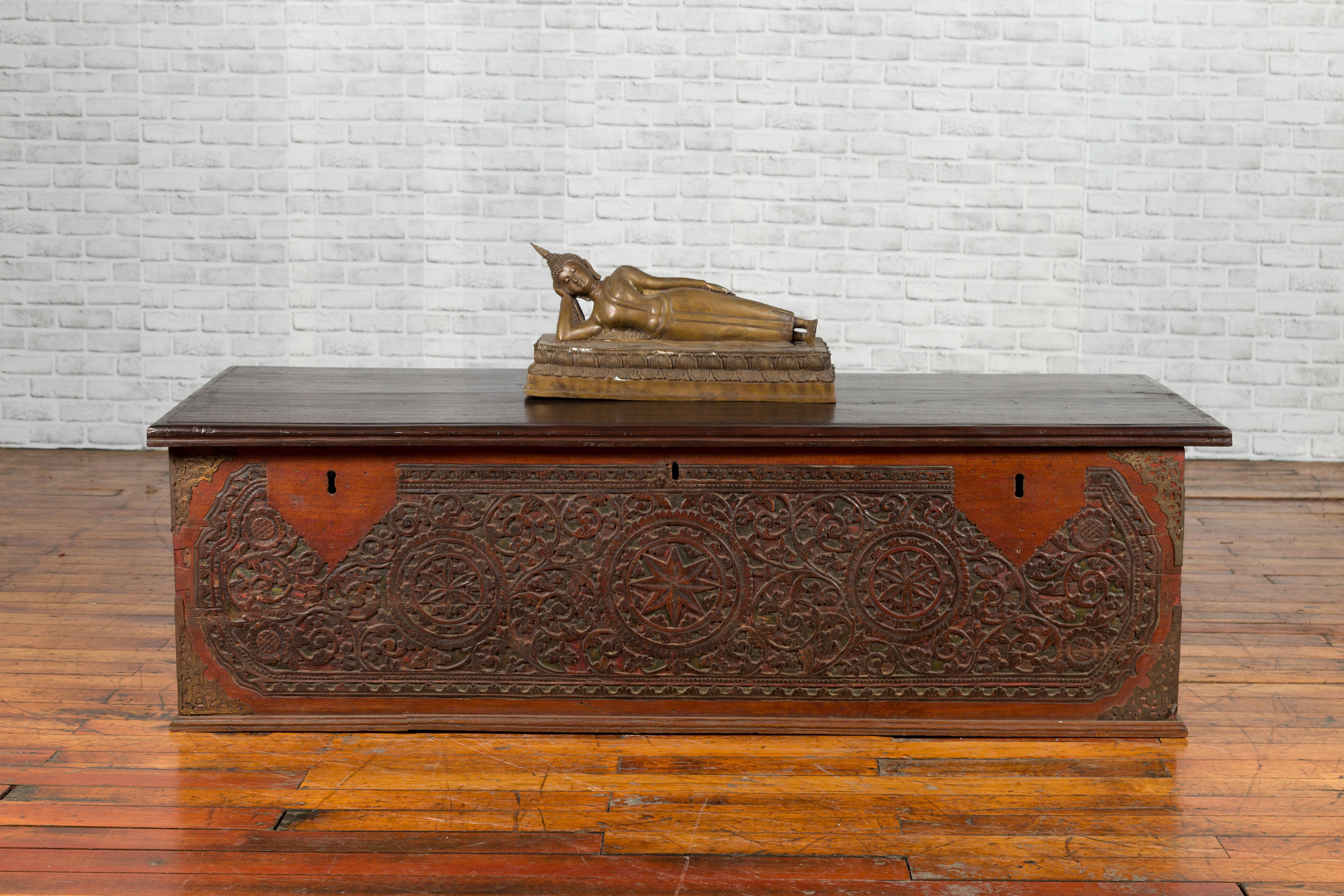 Indonesian Late 19th Century Coffer from Sumatra with Carved Motifs and Iron Hardware For Sale