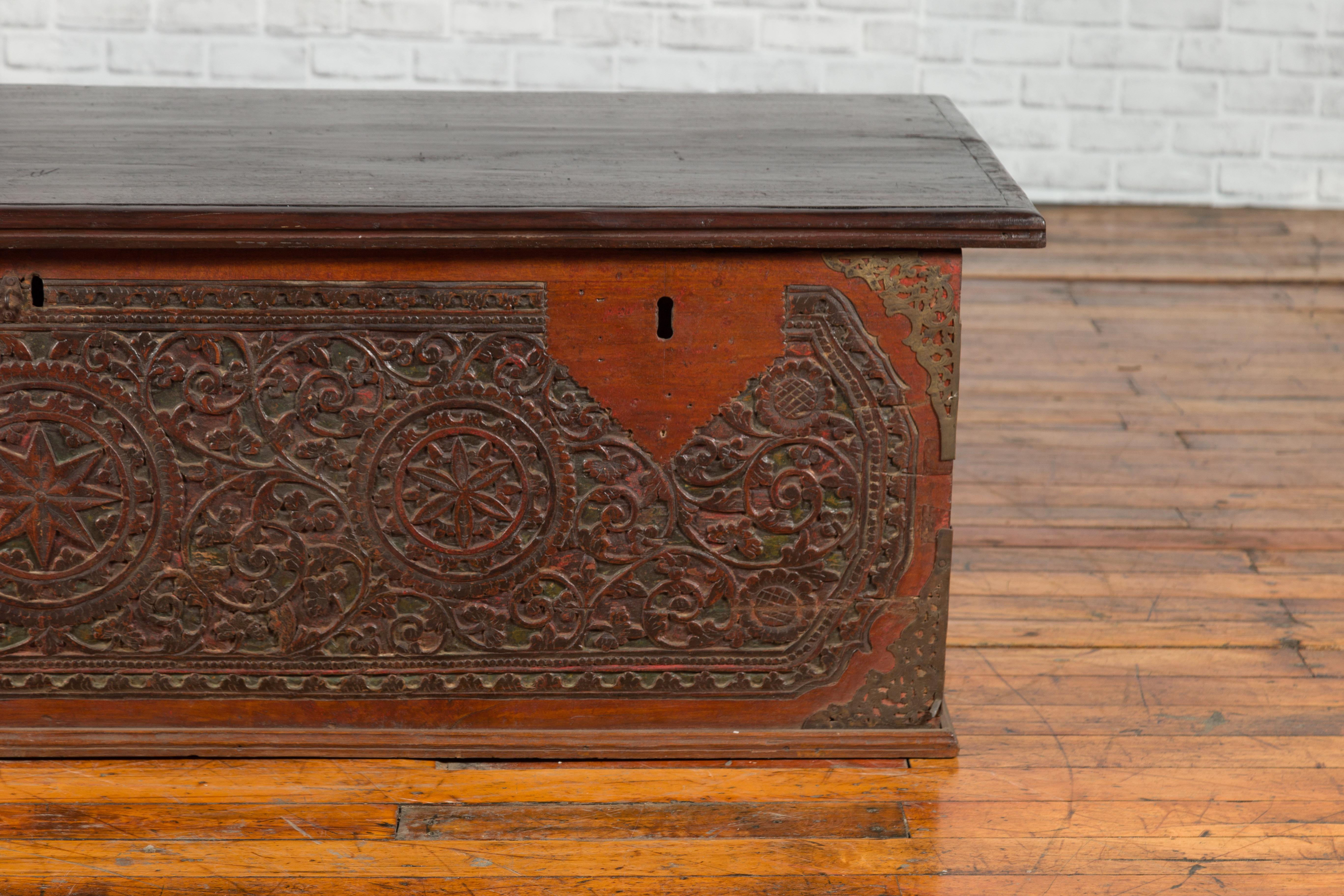 Late 19th Century Coffer from Sumatra with Carved Motifs and Iron Hardware For Sale 1