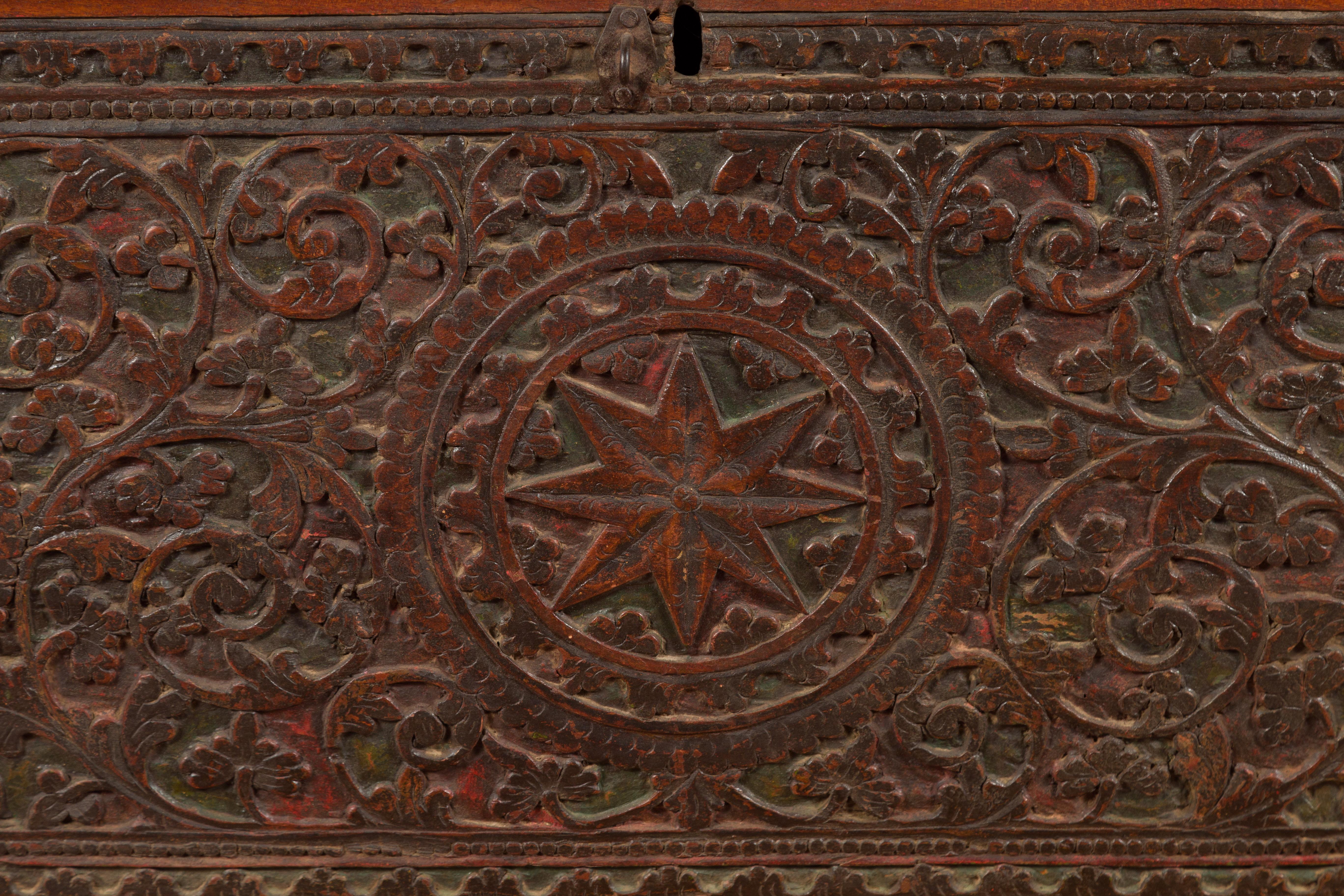 Late 19th Century Coffer from Sumatra with Carved Motifs and Iron Hardware For Sale 2