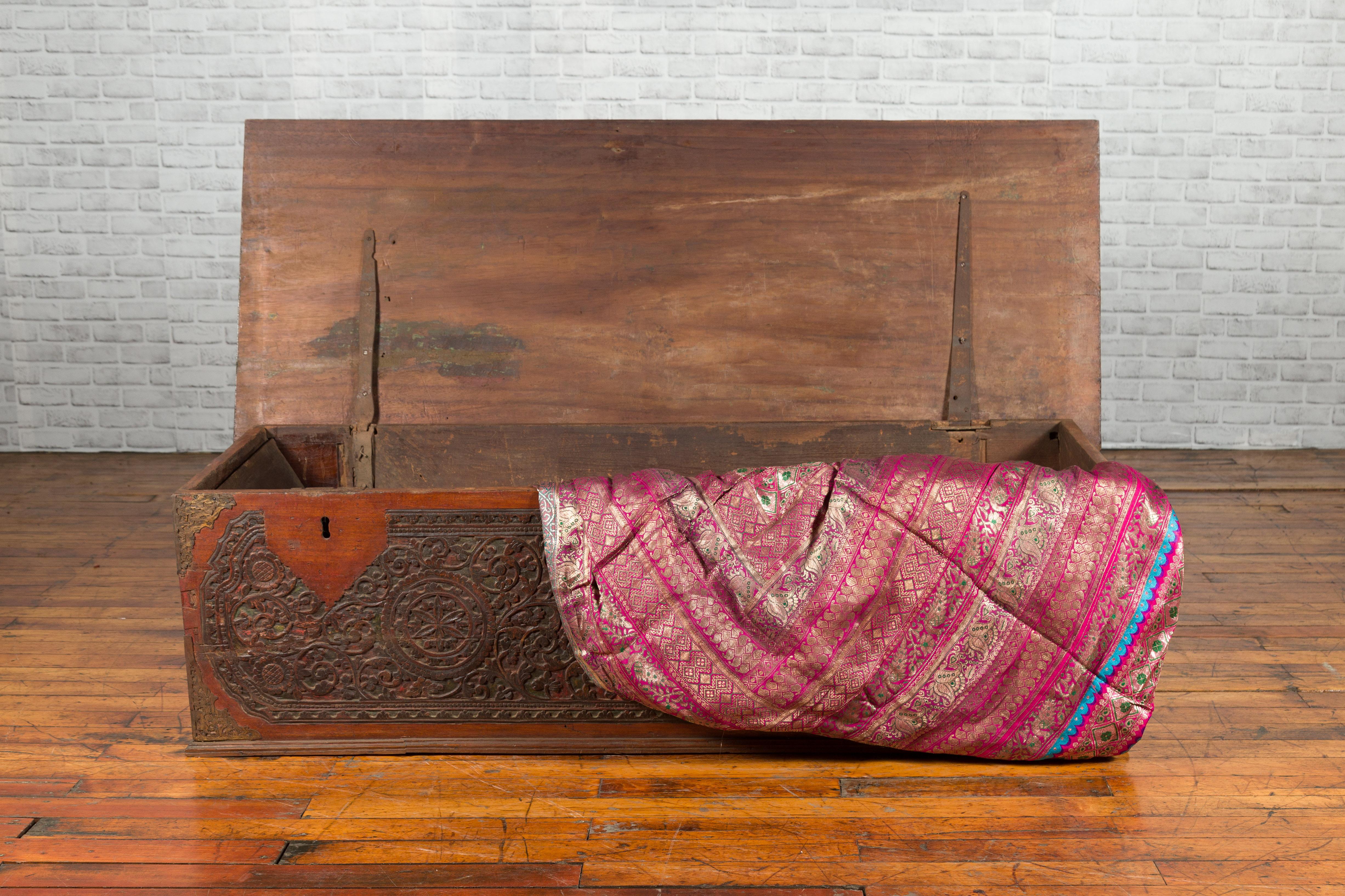 Late 19th Century Coffer from Sumatra with Carved Motifs and Iron Hardware For Sale 3