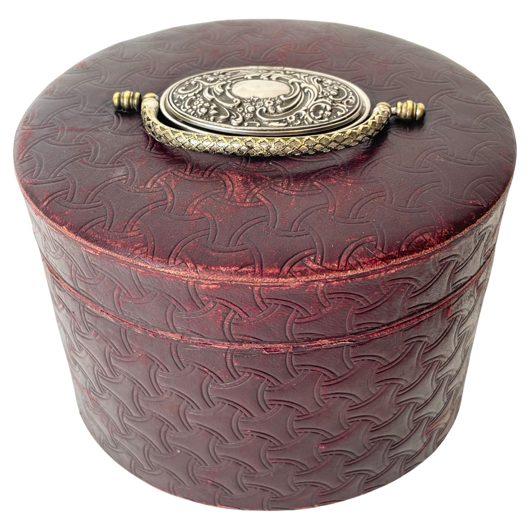 Late 19th Century Collar Box, Leather and Silver Plated Metal, Silk Lined