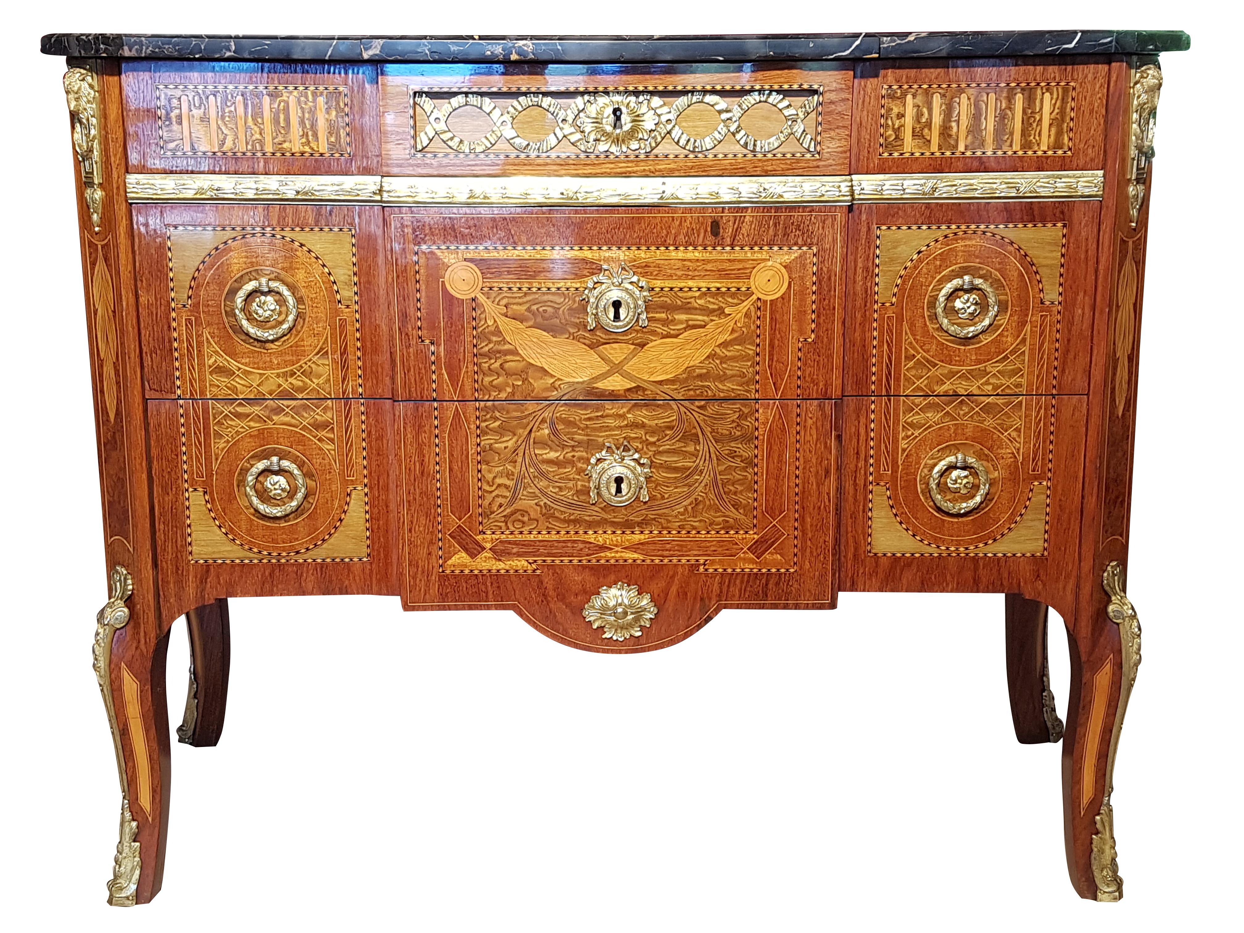 A commode with a marmor plate on the top, manufactured in the second half of the 19th century. This elegant commode has been carefully restored preserving the patina and polished by hand with shellac. Loose veneer pieces were glued and missing parts