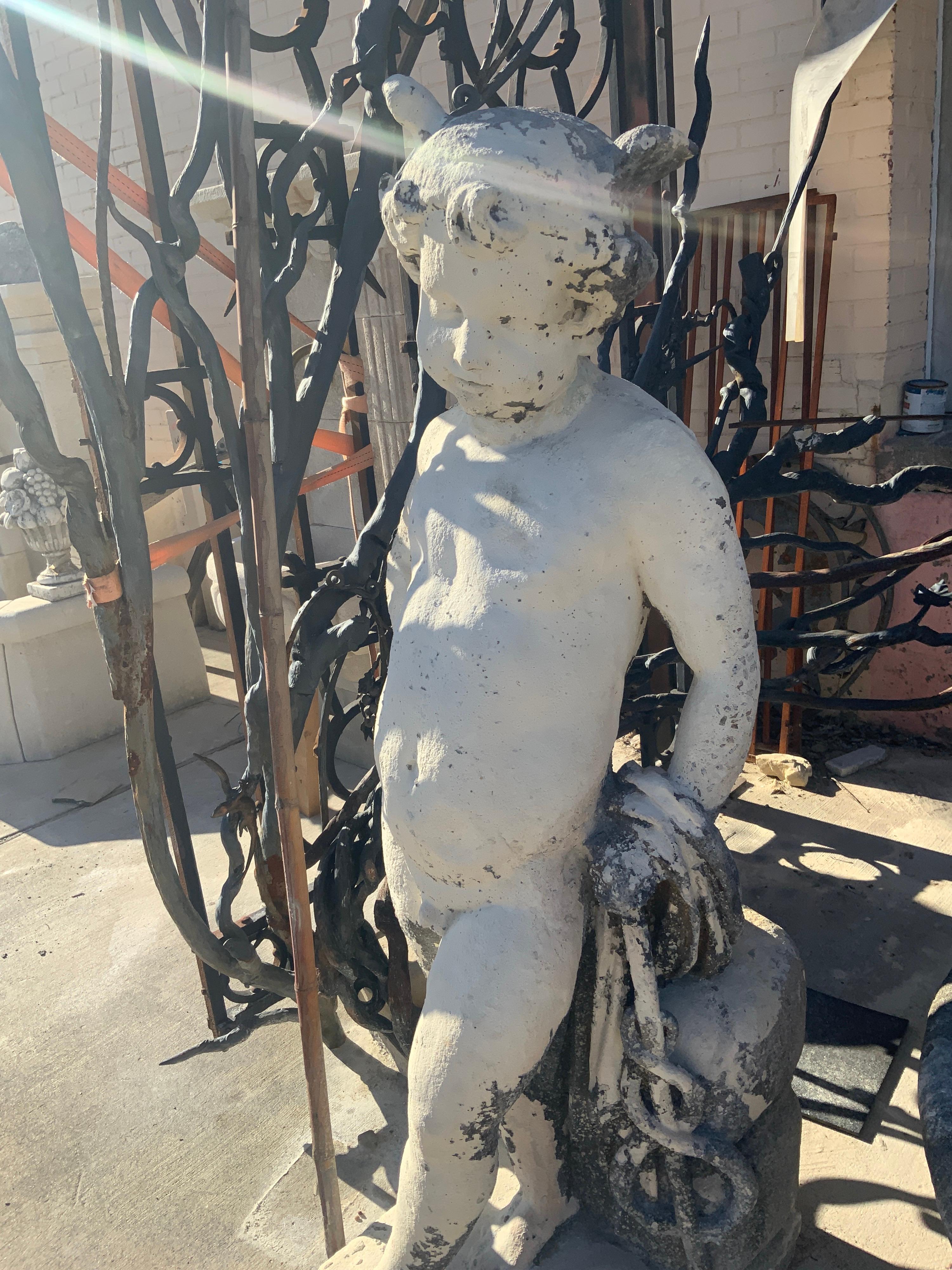 Gorgeous statue for outdoor space. item features detailed horns on male figure. Origin; France. Dates back 1880s.