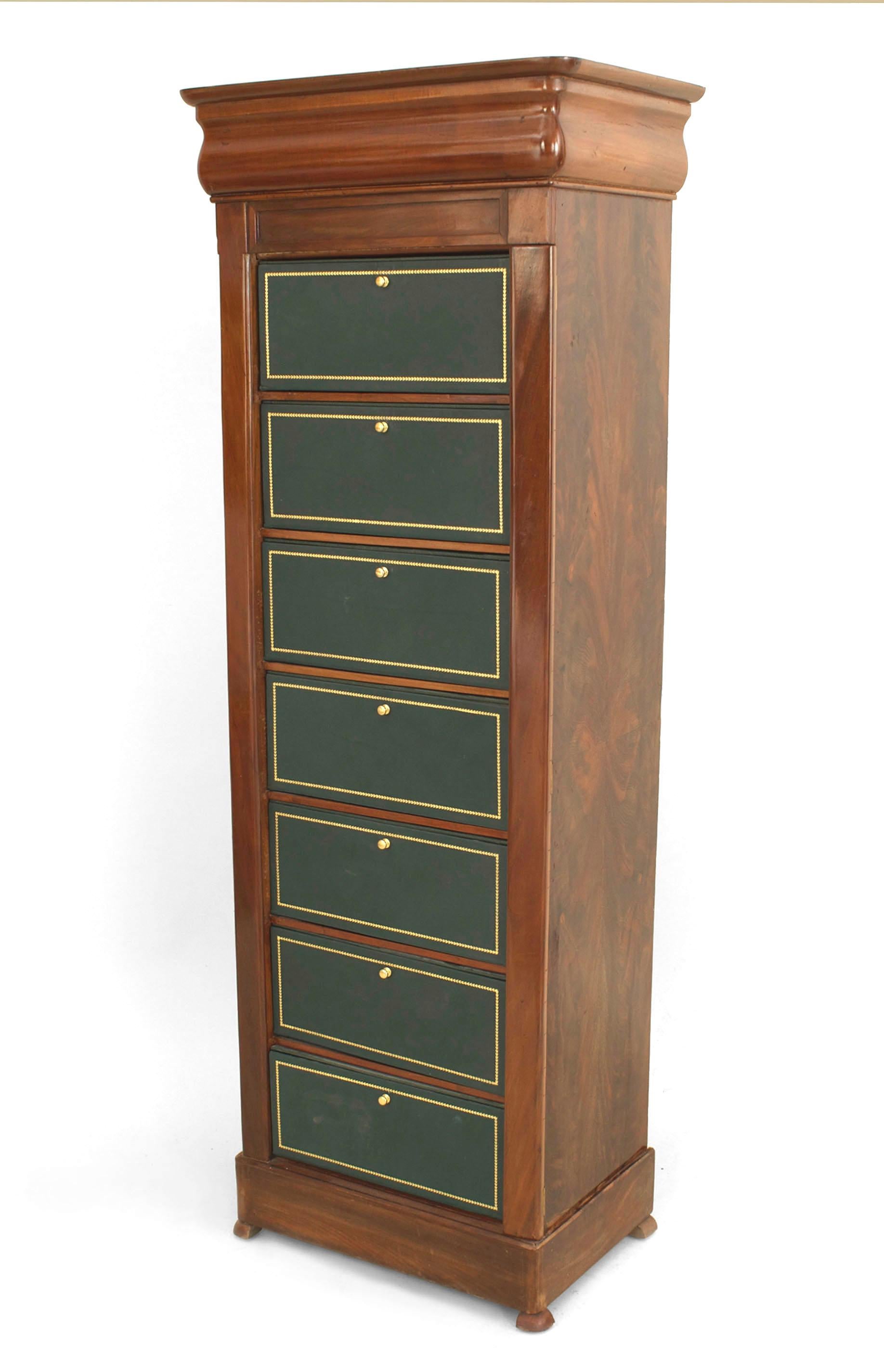 Continental possibly Baltic, mahogany narrow chest of 7 drawers semainier with green leather.
