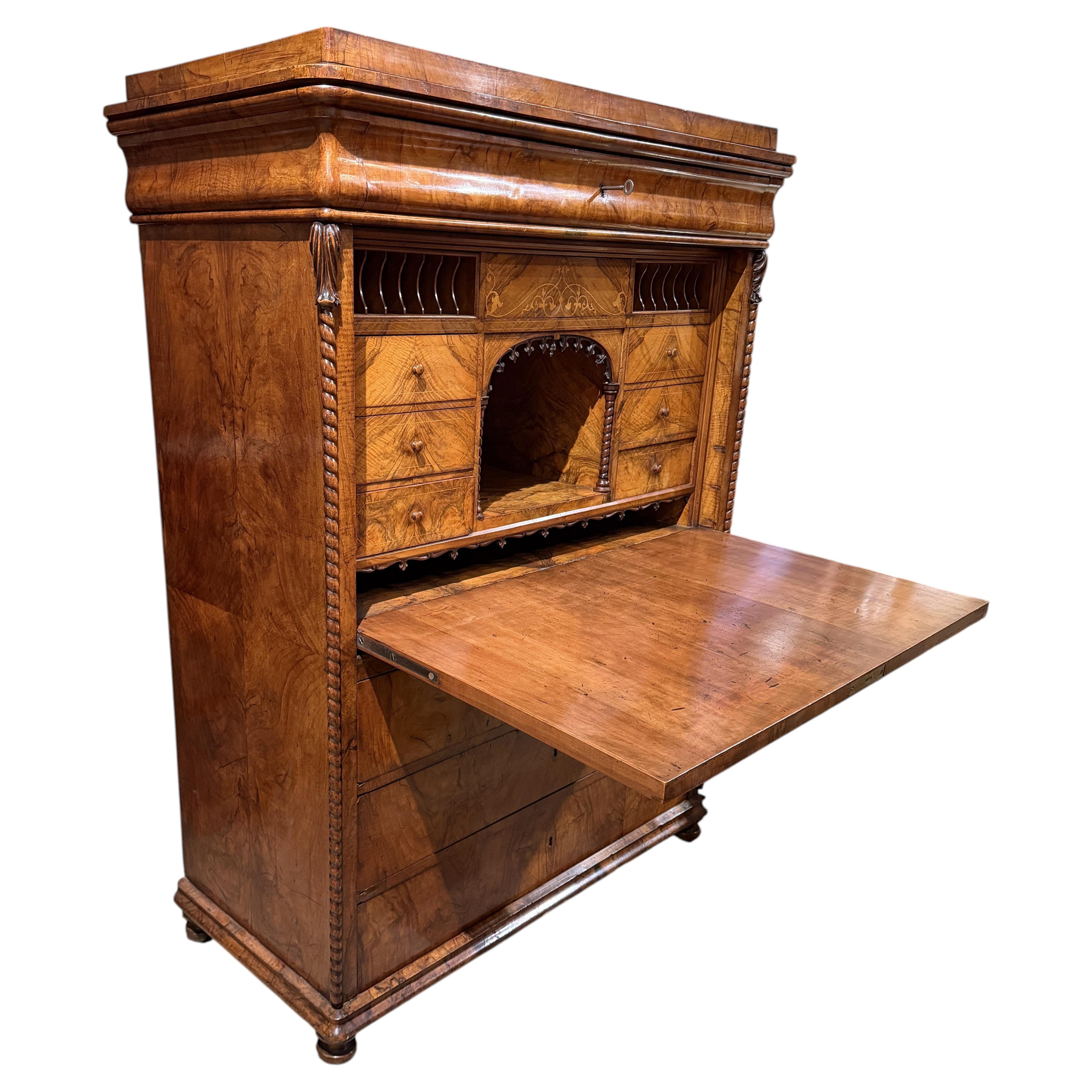 Late 19th Century Continental Walnut Escritoire or Secretaire Abattant