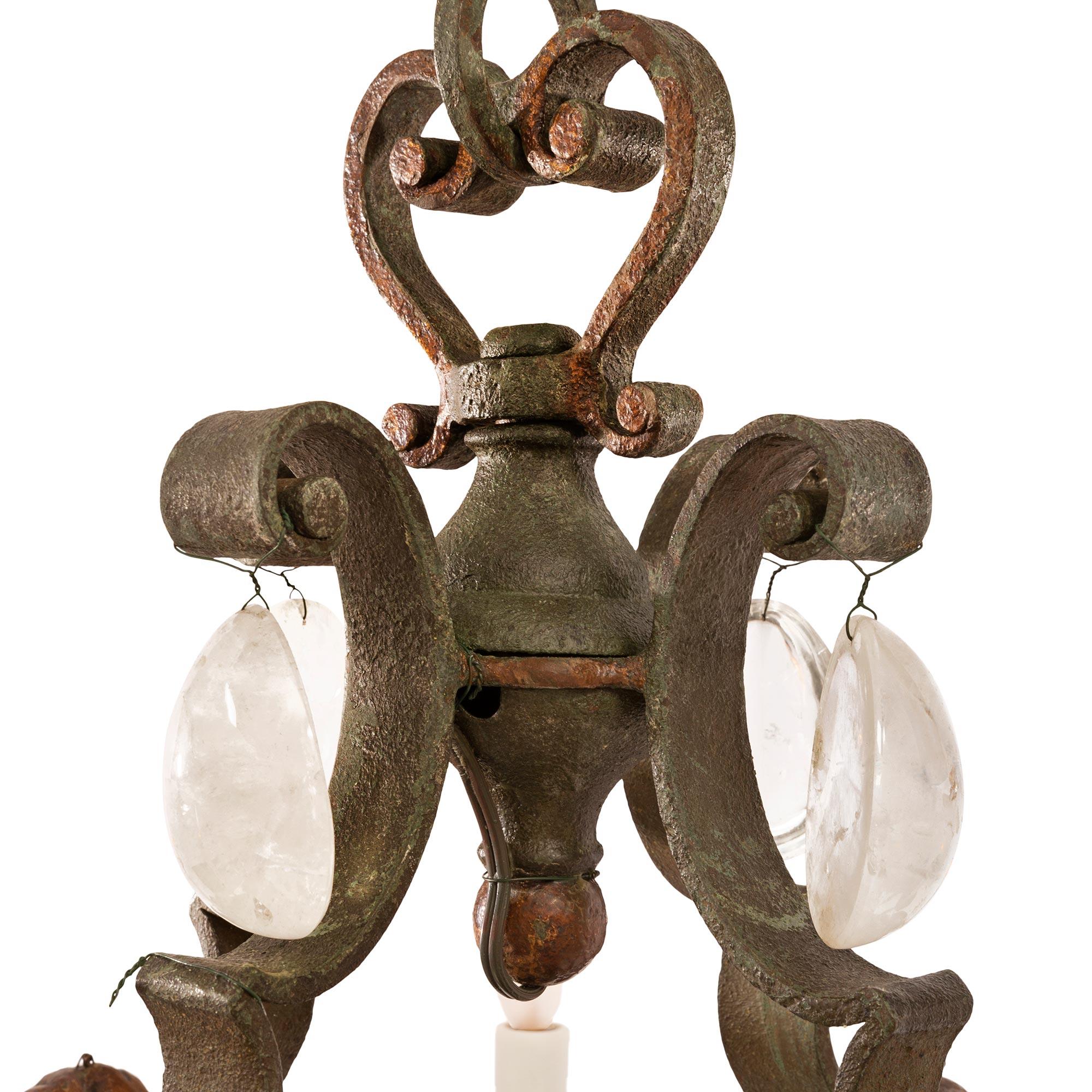 Louis XV Late 19th Century Country French Wrought Iron and Rock Crystal Chandelier For Sale