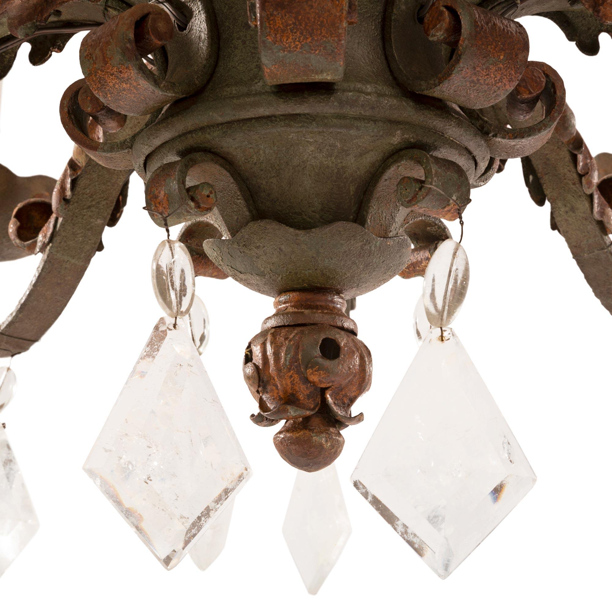 Late 19th Century Country French Wrought Iron and Rock Crystal Chandelier For Sale 3