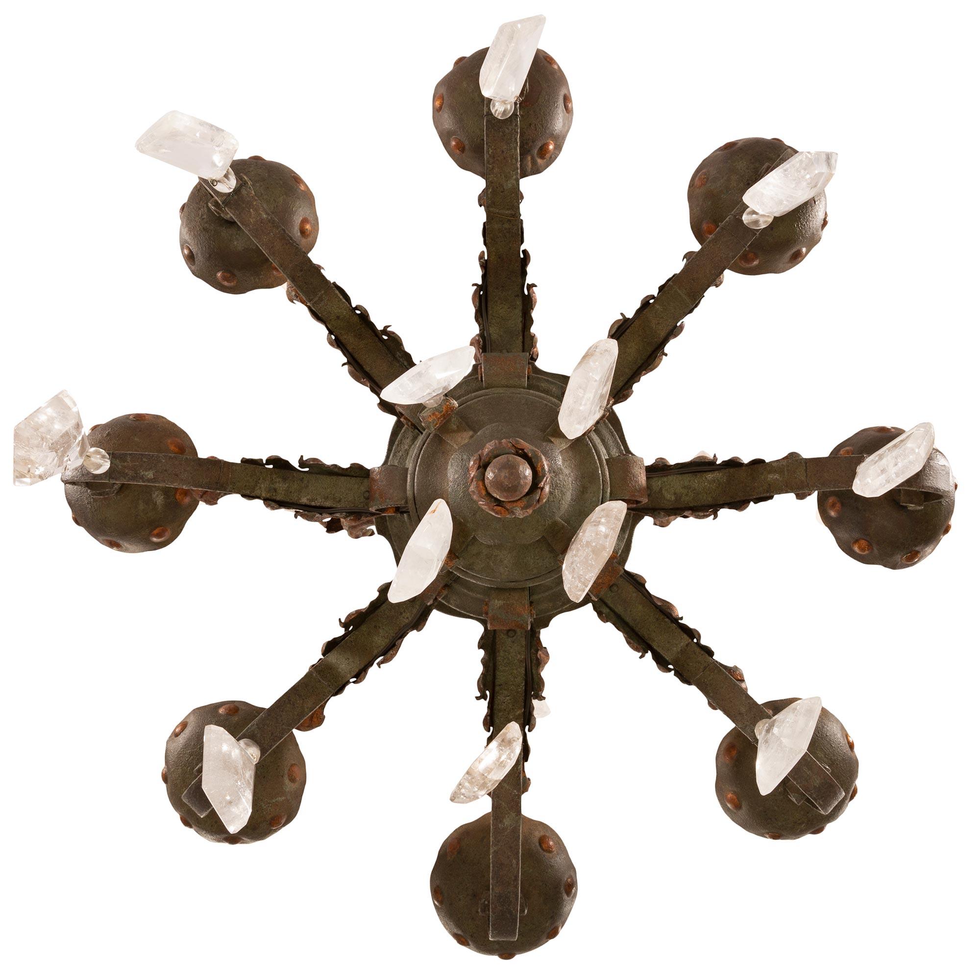 Late 19th Century Country French Wrought Iron and Rock Crystal Chandelier For Sale 4