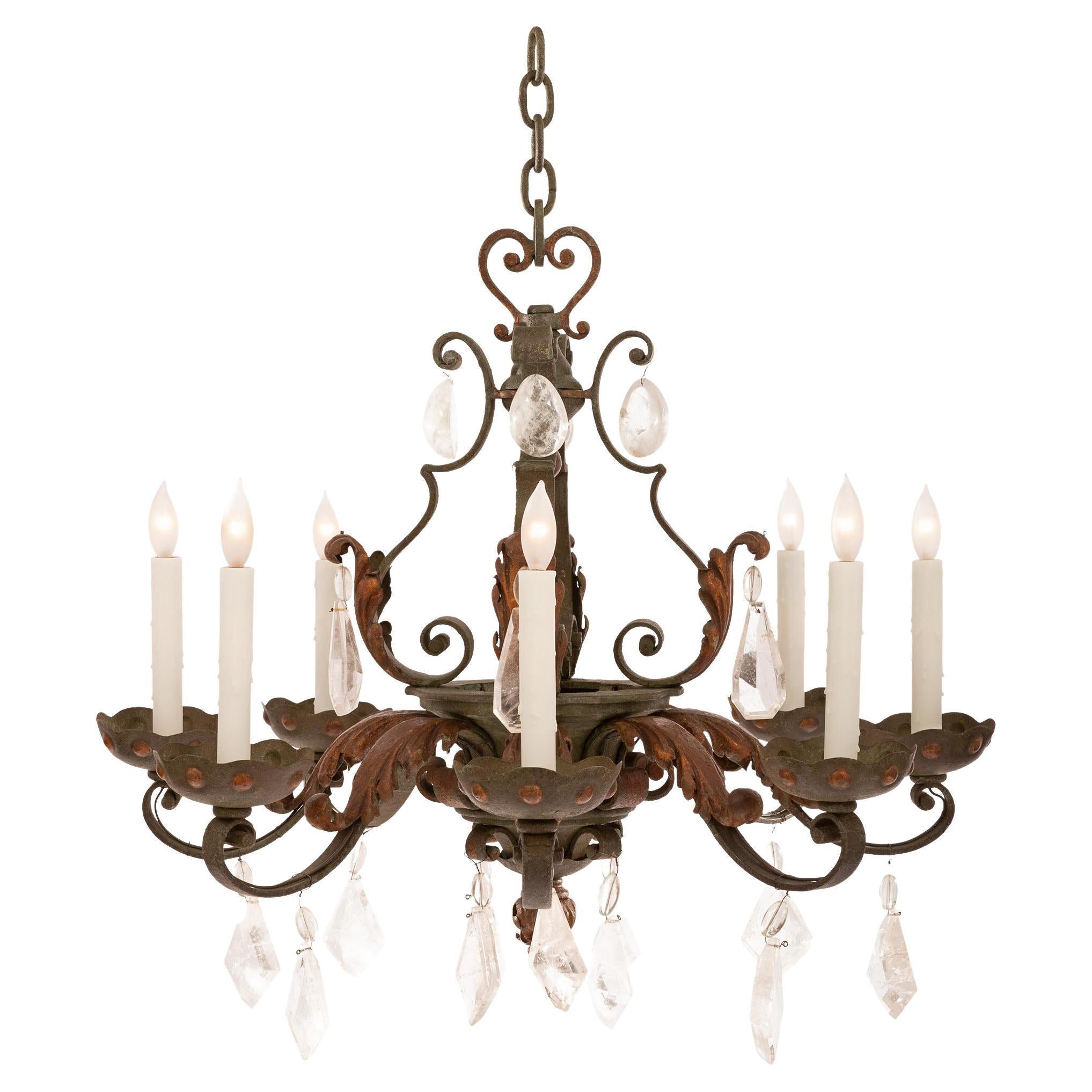 Late 19th Century Country French Wrought Iron and Rock Crystal Chandelier For Sale
