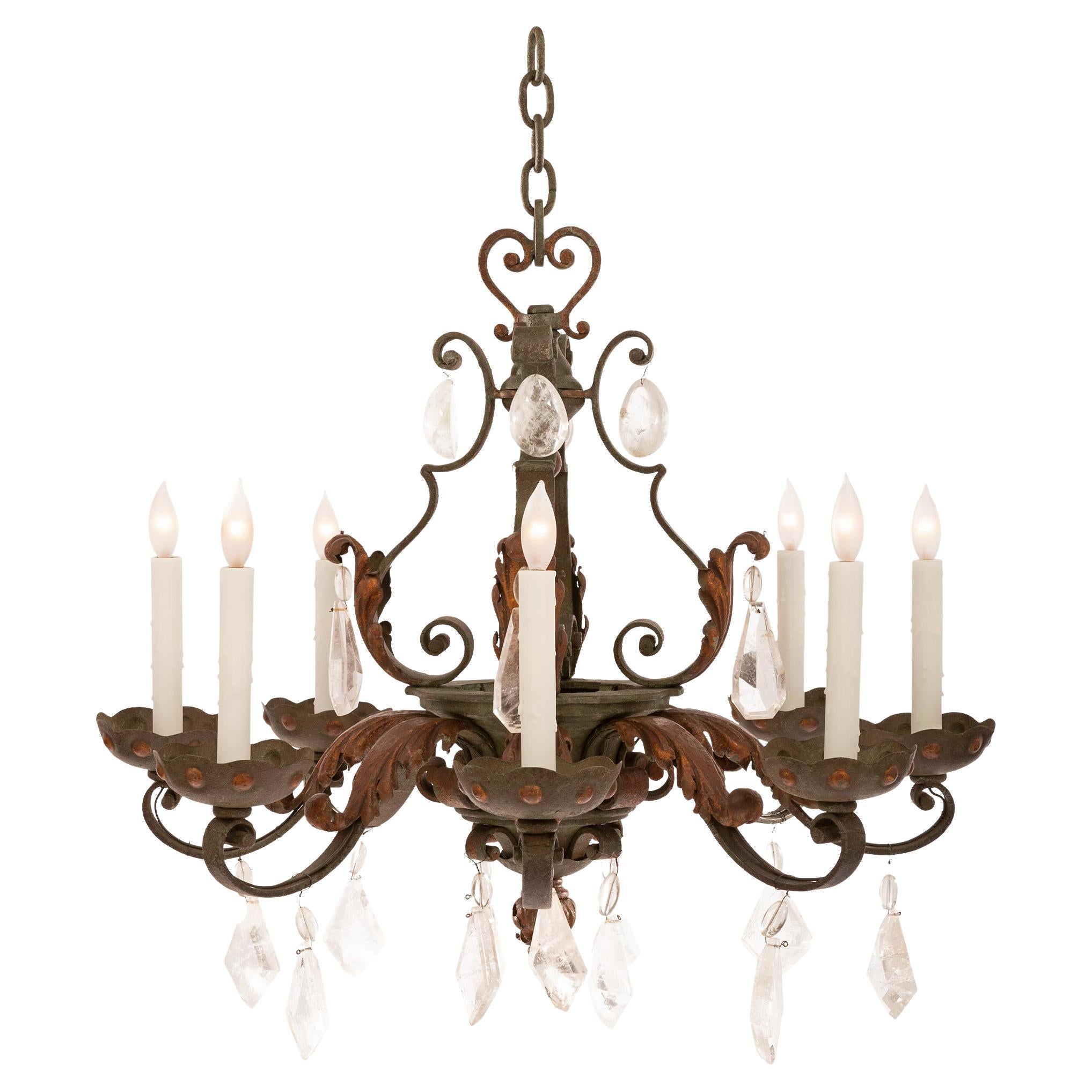 Late 19th Century Country French Wrought Iron and Rock Crystal Chandelier