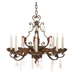 Late 19th Century Country French Wrought Iron and Rock Crystal Chandelier