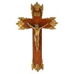 Used Late 19th Century Crucifix - Corpus Christi - Ormolu Gilt Bronze - Wooden Cross