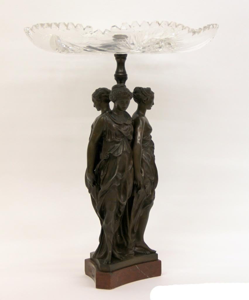 A Late 19th century crystal and patinated bronze sculptural centerpiece.

By Thiebaut Freres.

A cut crystal plate above a figural bronze depicting the three graces, standing on a rouge marble base.

Signed Thiebaut Freres Fumiere & Cie Paris