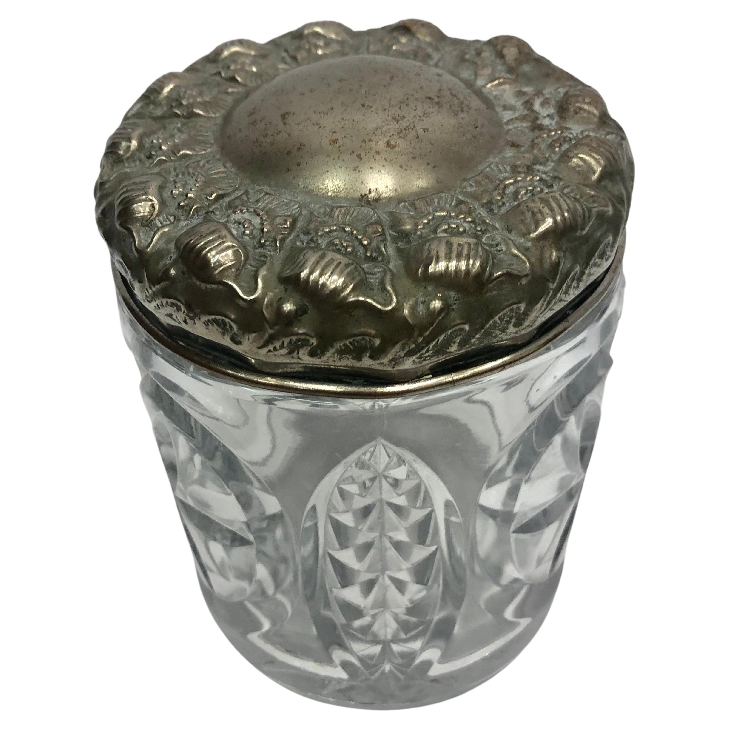 Late 19th Century Crystal Biscuit Jar with a Decorative Silver Top For Sale