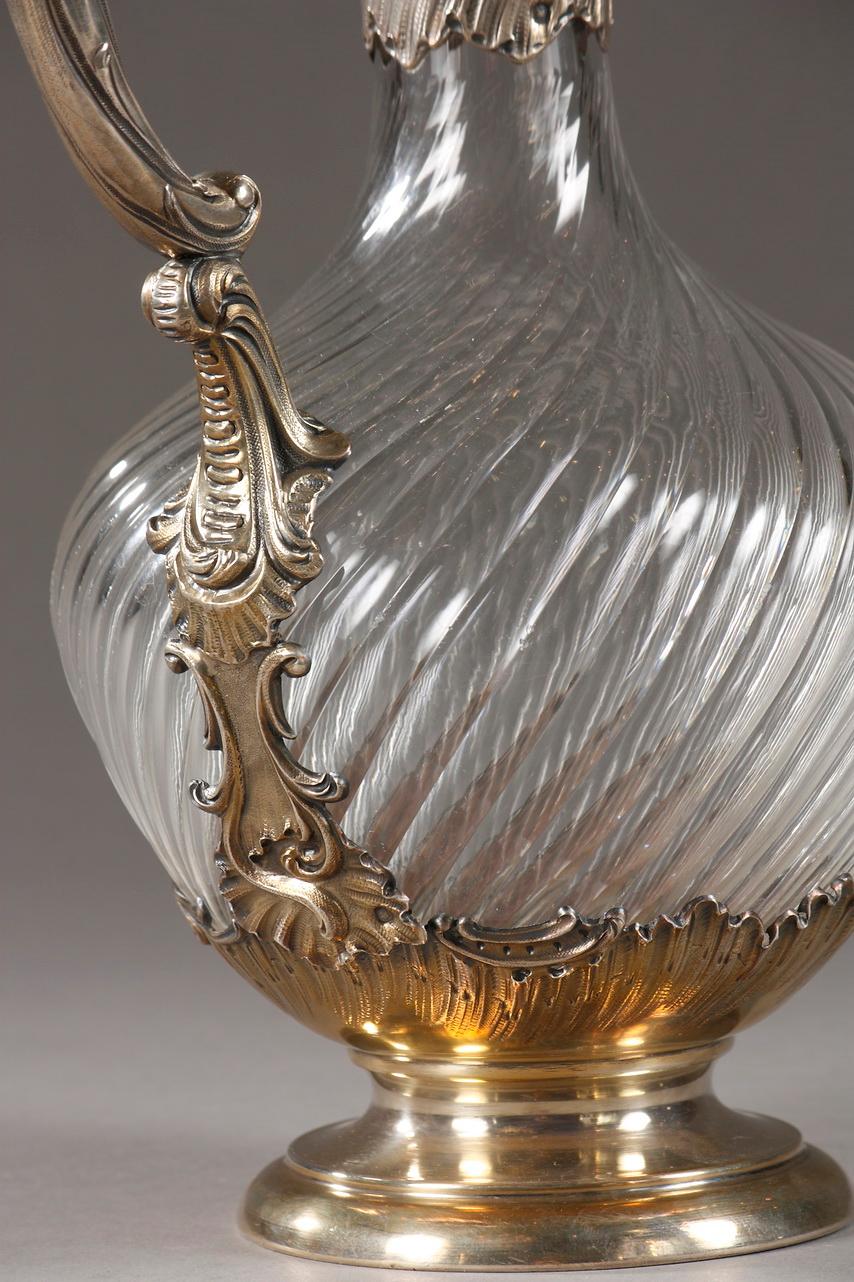 French Late 19th Century Cut Crystal and Silver Ewer