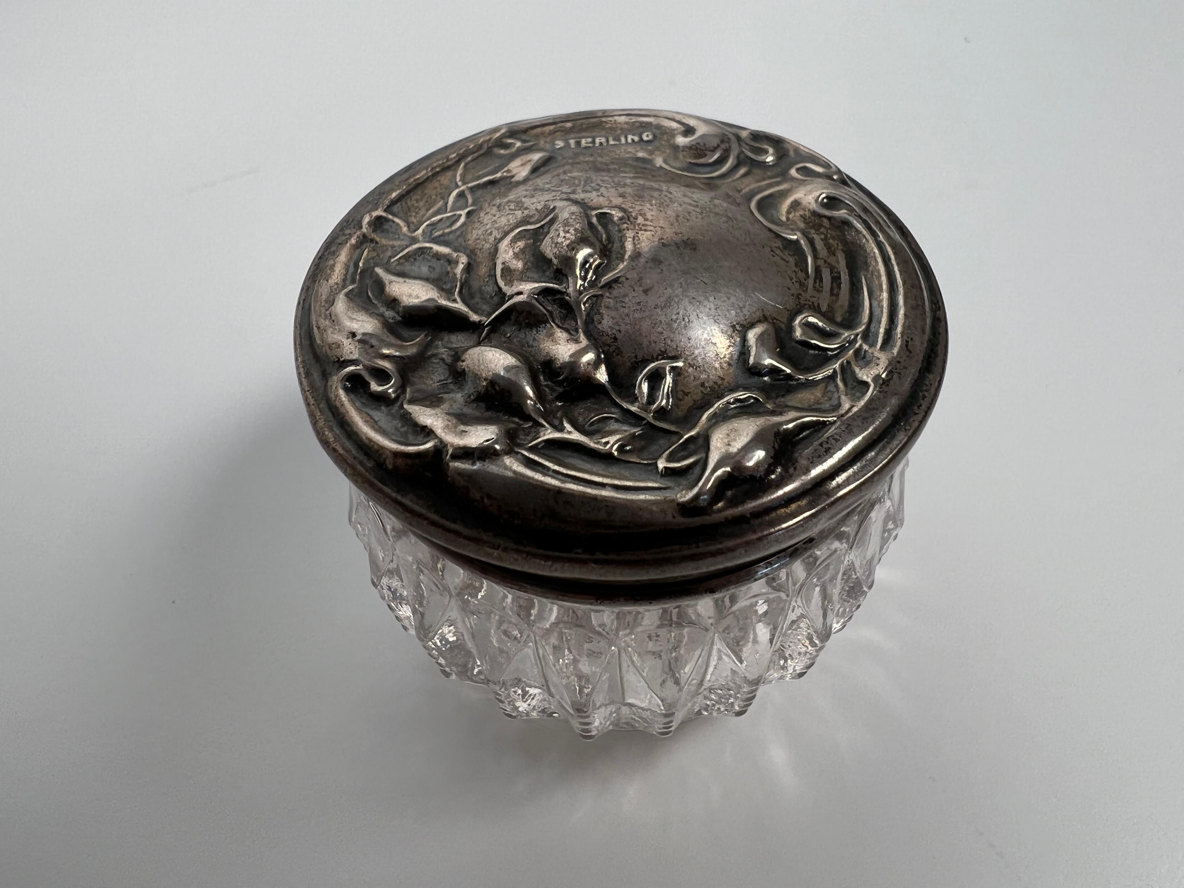 American Late 19th Century Cut Crystal Dresser Jar with Fancy Sterling Silver Lid For Sale